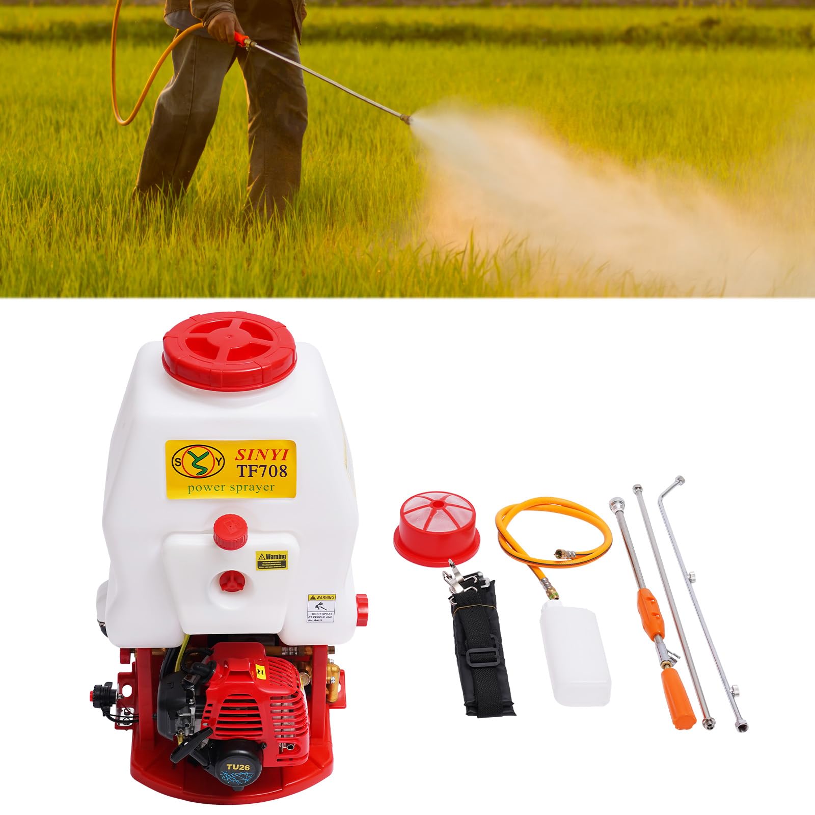 Opryskiwacz spalinowy, 25,4 cm³, 700 W, pompa wysokociśnieniowa 20 l, opryskiwacz ciśnieniowy, wysokość 4-6 m, rozpylanie równoległe 2-8 m, zapłon CDI