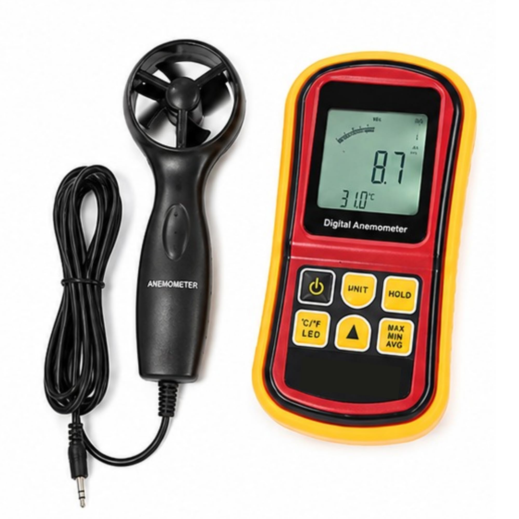 avainlabs® an-219p anemometer with probe – digital air velocity meter, max-average current measurement, data hold, beaufort scale, backlight display, auto power off, 9v battery