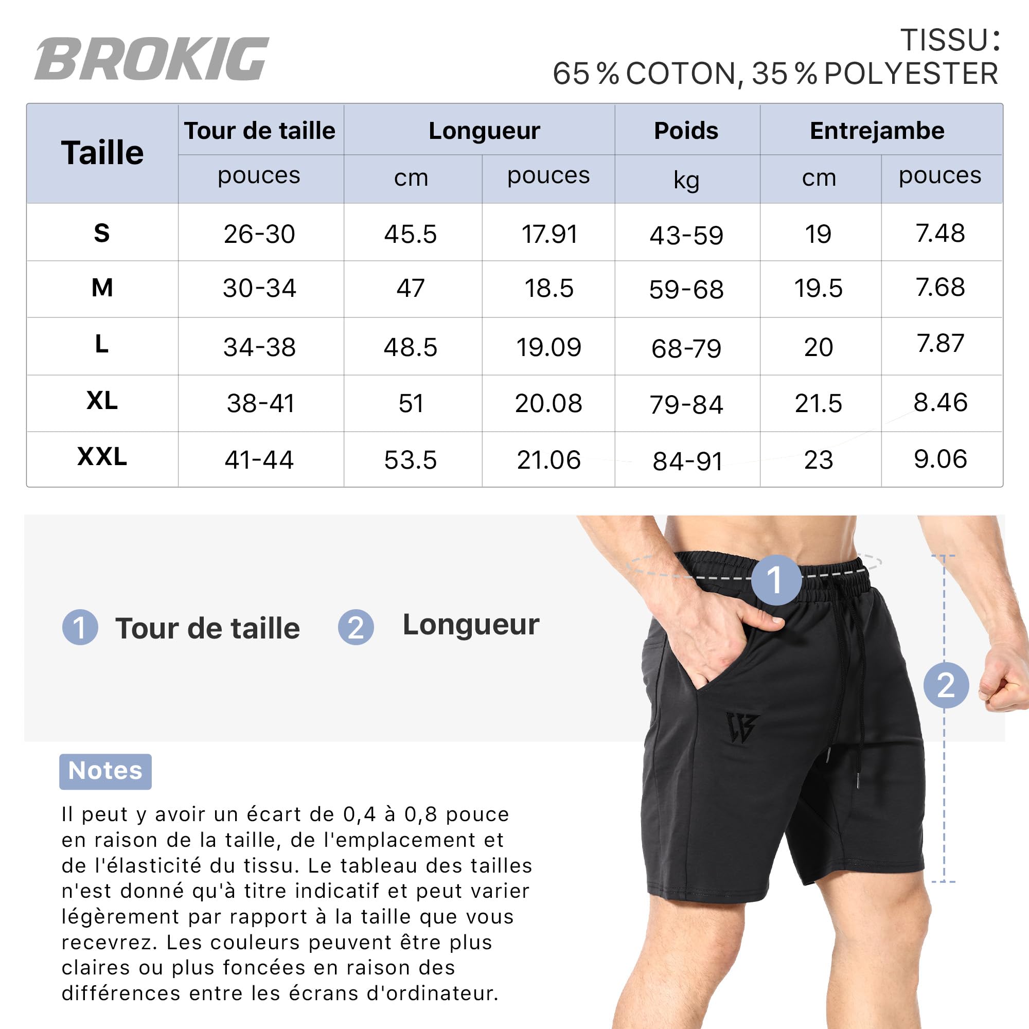 BROKIG Set di 2 pantaloncini sportivi da uomo con tasca con cerniera e pantaloncini da allenamento in cotone, da corsa, traspiranti, da corsa, da uomo