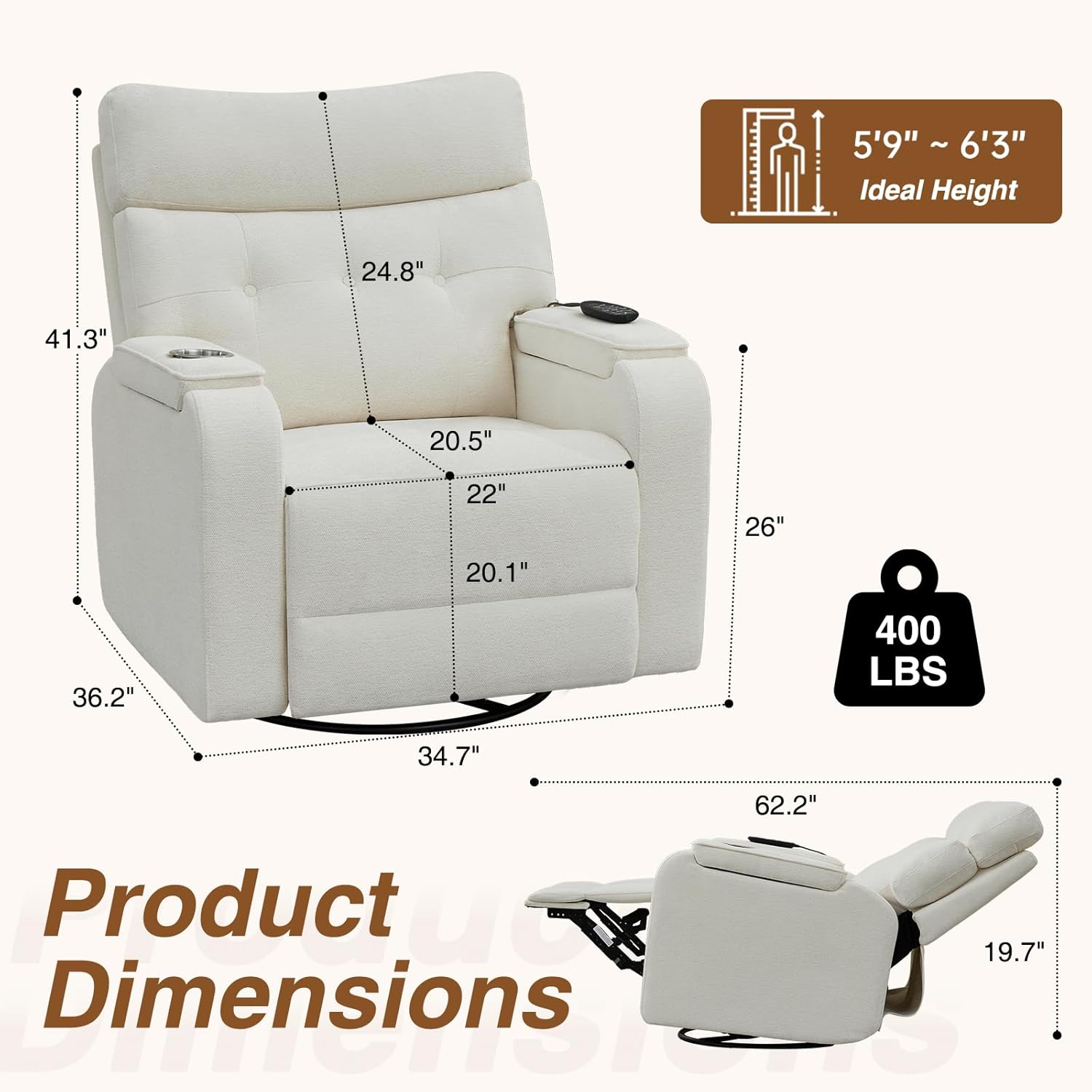 Swivel Power Recliner with Massage & Heat, Power Rocker Recliner with Type-C Port & Timing, Oversized Rocking Recliners with Dual Storage Arms & Cup Holder for Living Room, Chenille White