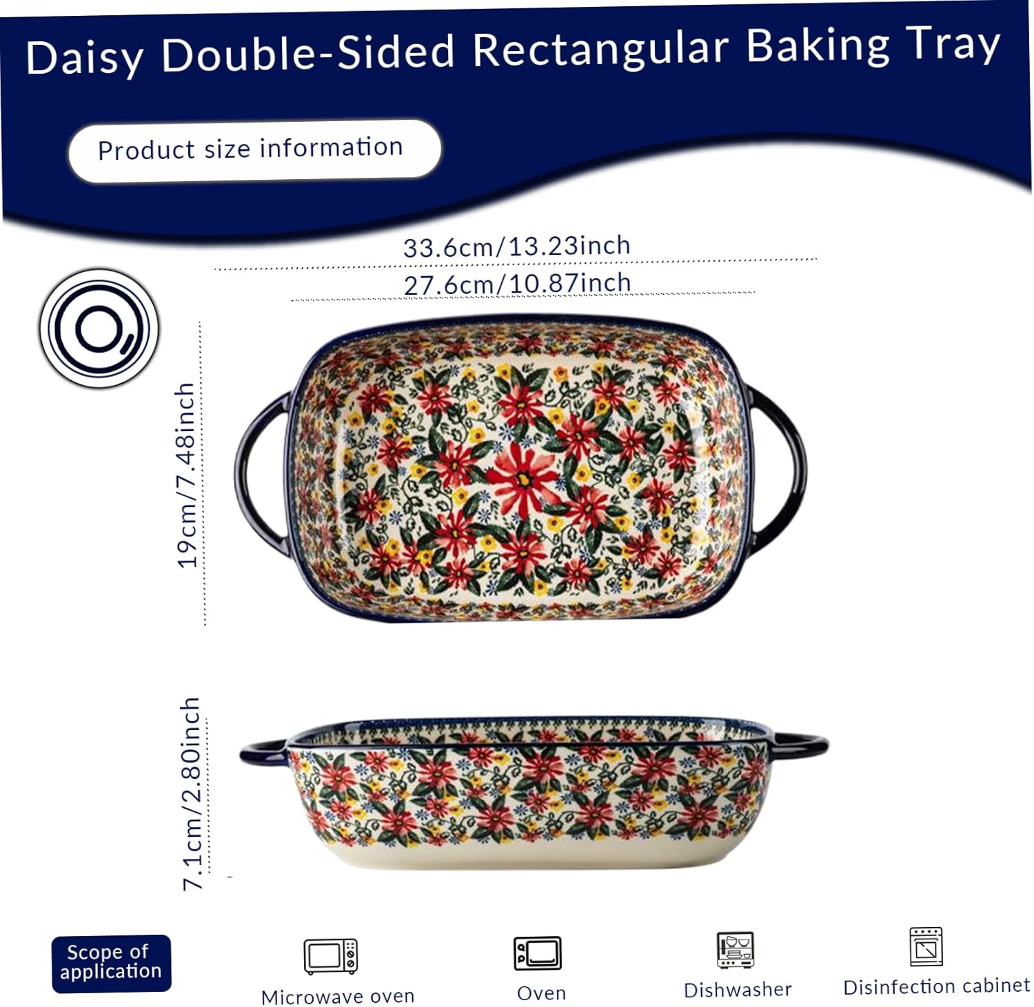 Baking Dish, 1900ml Heat-resistant Ceramic Oven Dish with Dual Handles, Daisy Print Rectangle Lasagne, Non Slip Washable Casserole Dishes for Oven Kitchen.