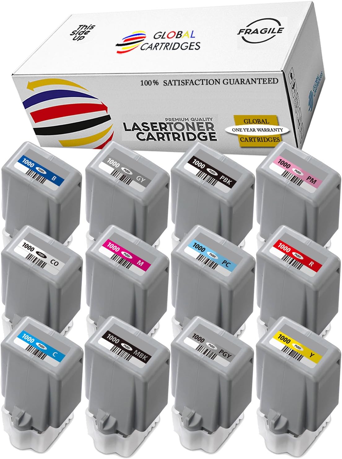 Global Cartridges Compatible Ink Cartridges Replacement for Canon PFI-1000 ImagePROGRAF PRO 1000 Pigment 80ml (PB,MB,C,M,Y,R,PM,GY,PC,CO,PG,B, 12-Packs)