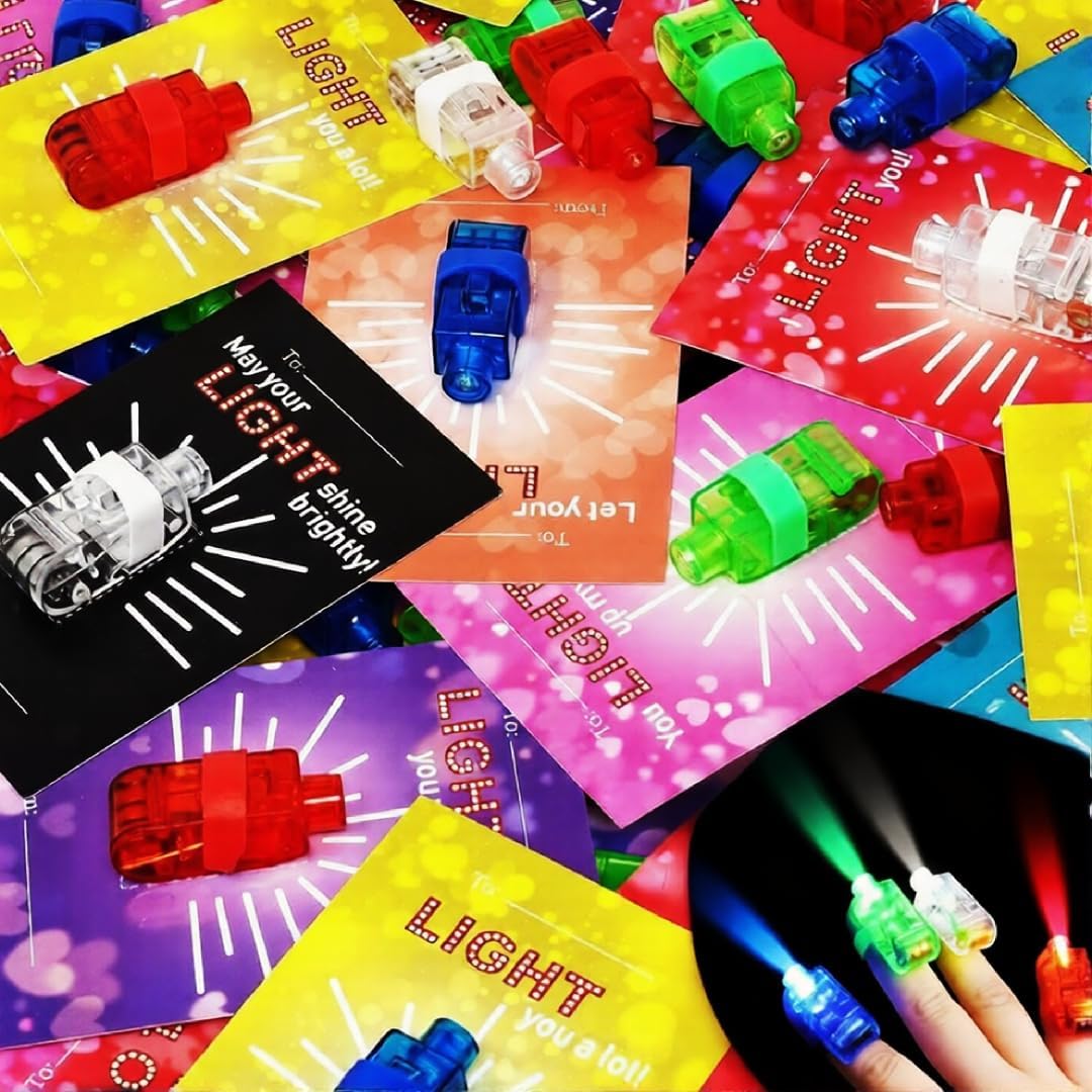 28 Pack Valentine’s Day Gift Cards with Finger Lights for Kids Classroom Exchange, Light Up Valentine Finger Toys, Non-Candy School Party Favors, Group Gifting Set, School Prizes, Goodie Bag Filler