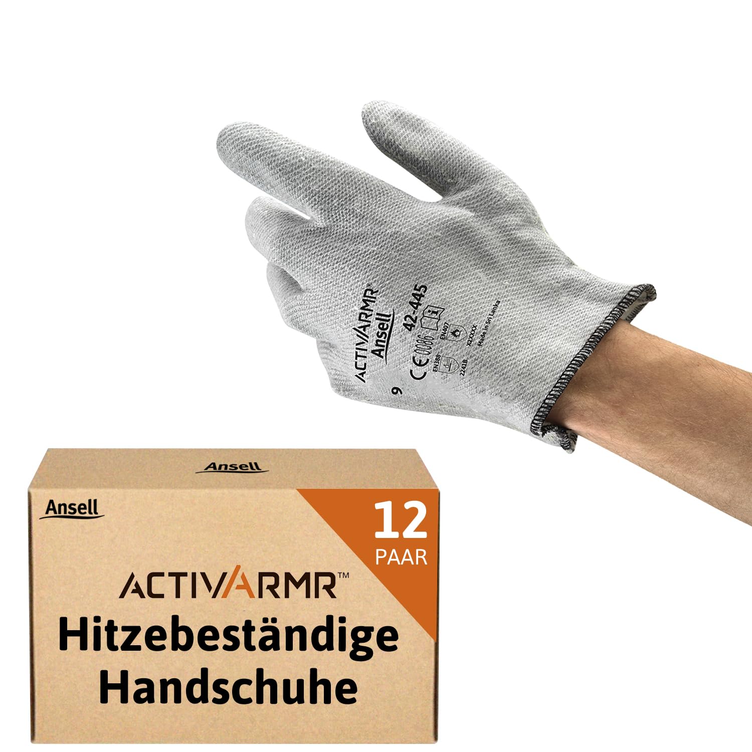 Ansell ActivArmr 42-445 Hitzebeständige Handschuhe, Mechanik- und Chemikalien-Schutz bei industriellen Arbeiten, Arbeitshandschuh Damen Herren, Grau, Größe XL (12 Paar)