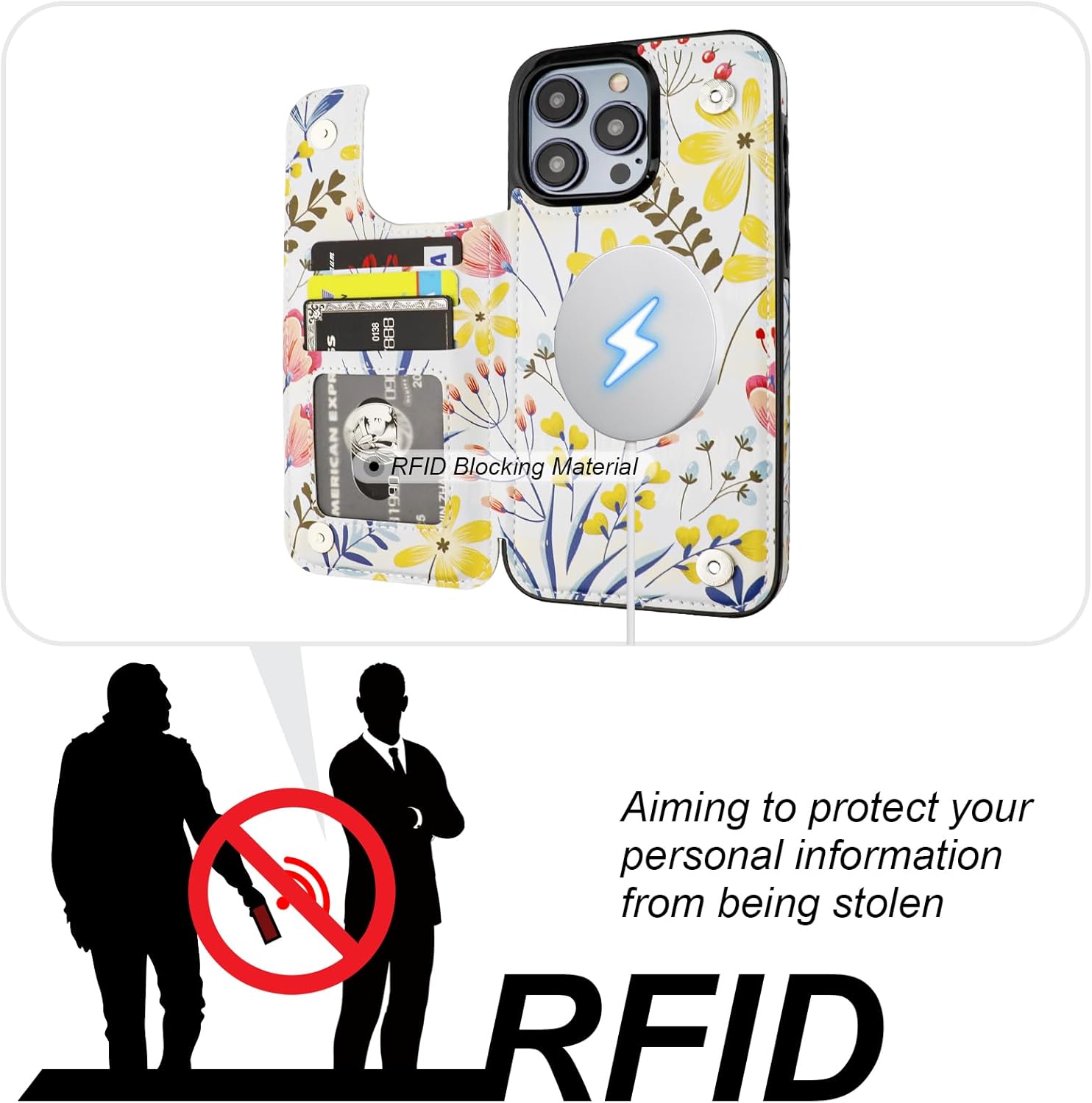 HAOPINSH for iPhone 15 Pro Max Case Wallet Compatible with MagSafe Wireless Charging, Floral Flower Pattern Back Flip Folio RFID Blocking Leather Kickstand Card Slots Case Double Magnetic Clasp 6.7"