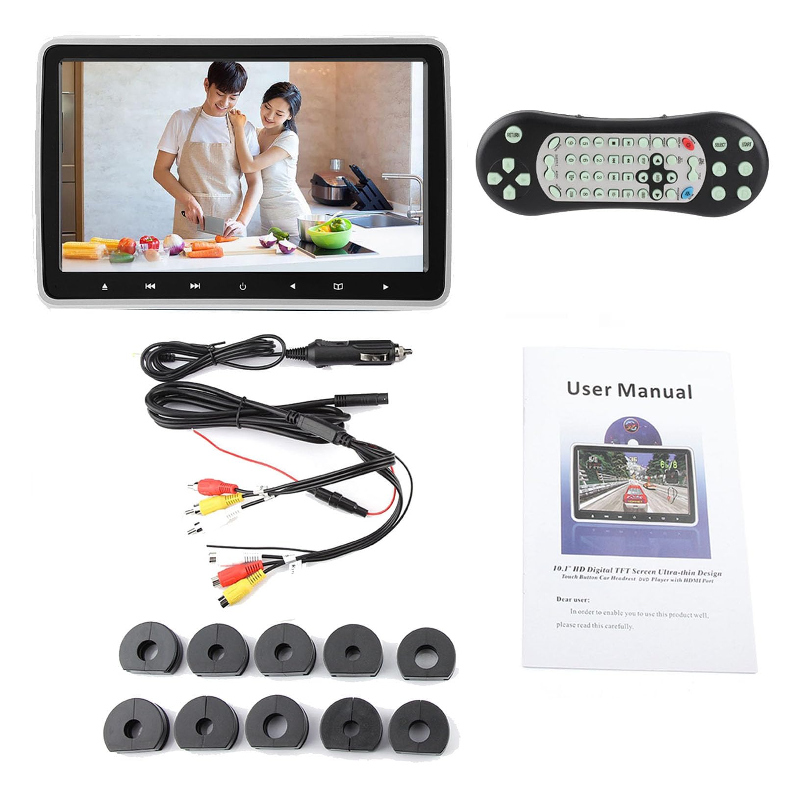 Lettore DVD da 10,1 pollici TFT HD per poggiatesta per auto, monitor portatile con clip, schermo LED con risoluzione RGB 1024 x 600 con caricatore CD, sincronizzazione del