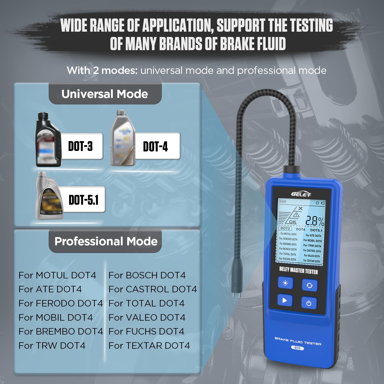 BELEY Tester del Liquido dei Freni per Auto, con Schermo LCD Retroilluminato e Analizzatore di umidità dell'olio con Sonda ad Alta Precisione per Rilevatore Liquido dei Freni DOT3 DOT4 DOT5.1 (Blu)