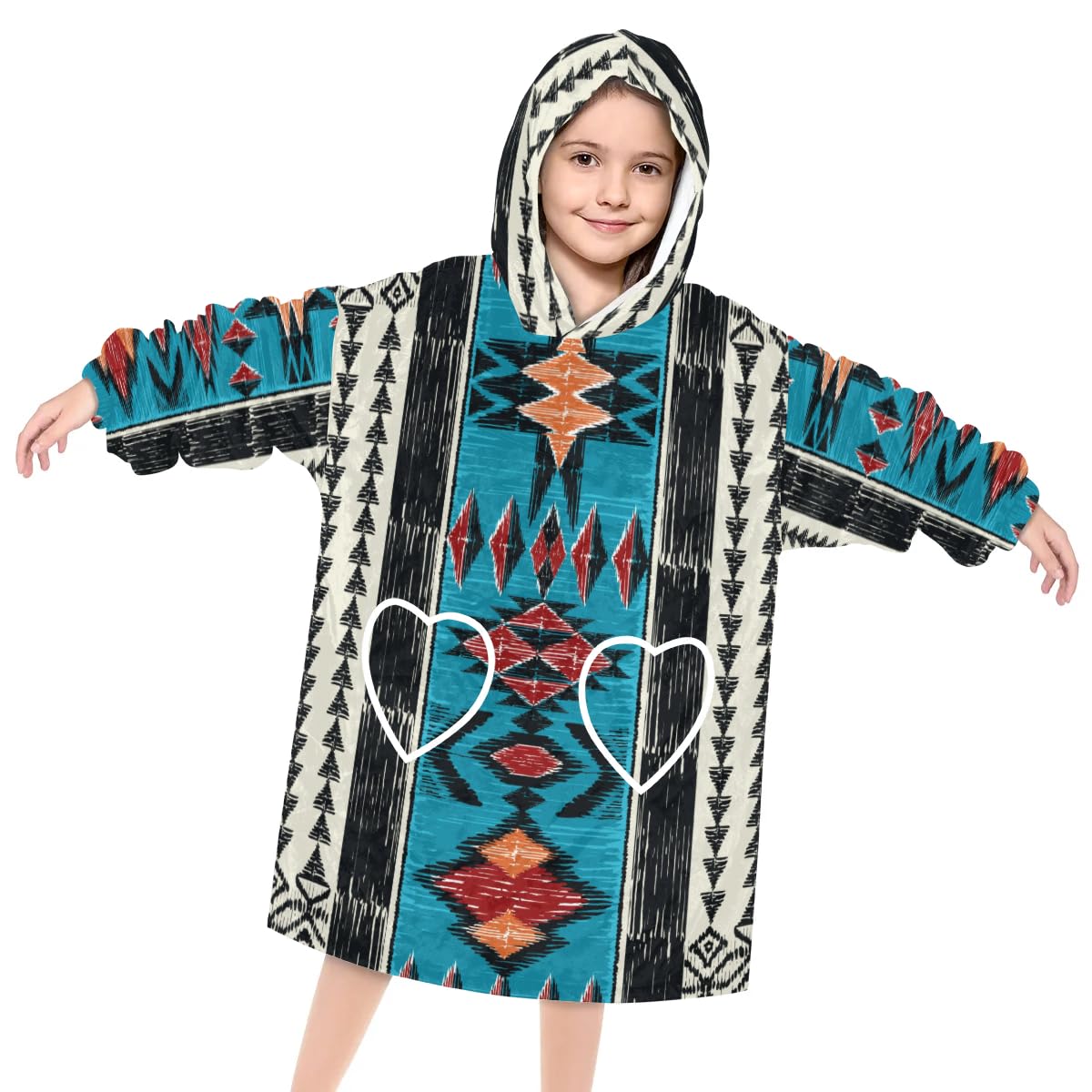 Wearable Blanket Hoodie for Kids, Aztec Fleece Sweatshirt Blanket Oversized Blanket Sweatshirt with Pocket Flannel Warm Hooded Blanket 6-10 Year Old Girl Boy Gift, One Size