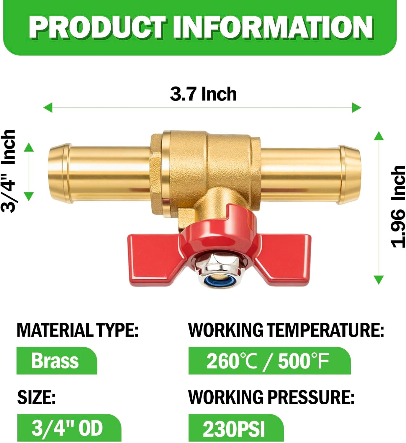3/4" Inch Brass Shut Off Valve, Red Butterfly Handle for Hot and Cold Water with 2 Hose Clamps