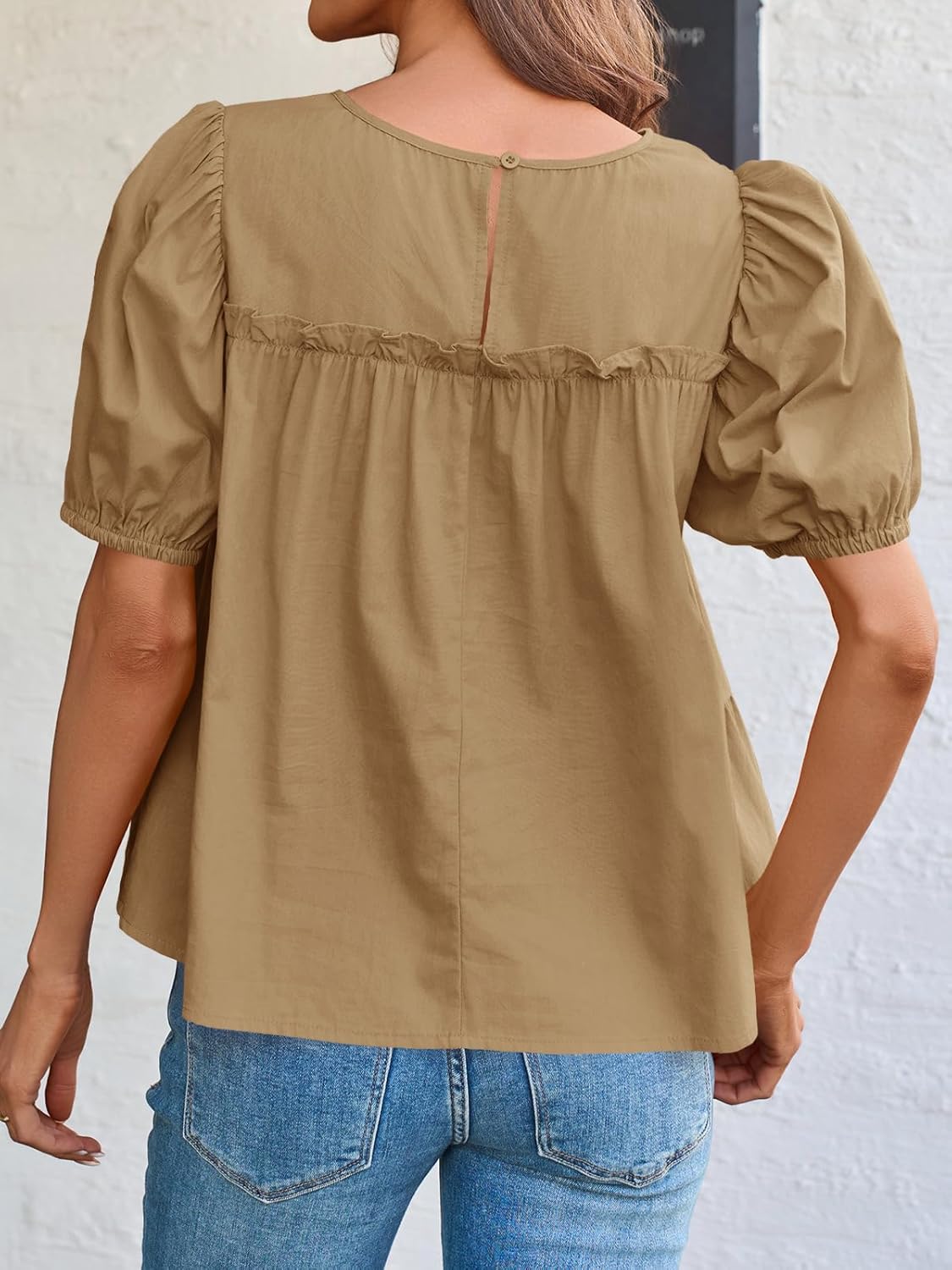 Tankaneo Womens Puff Sleeve Peplum Babydoll Tops Summer Smoked Pleated Cotton T-Shirts Casual Loose Fit Flowy Blouse - Image 7