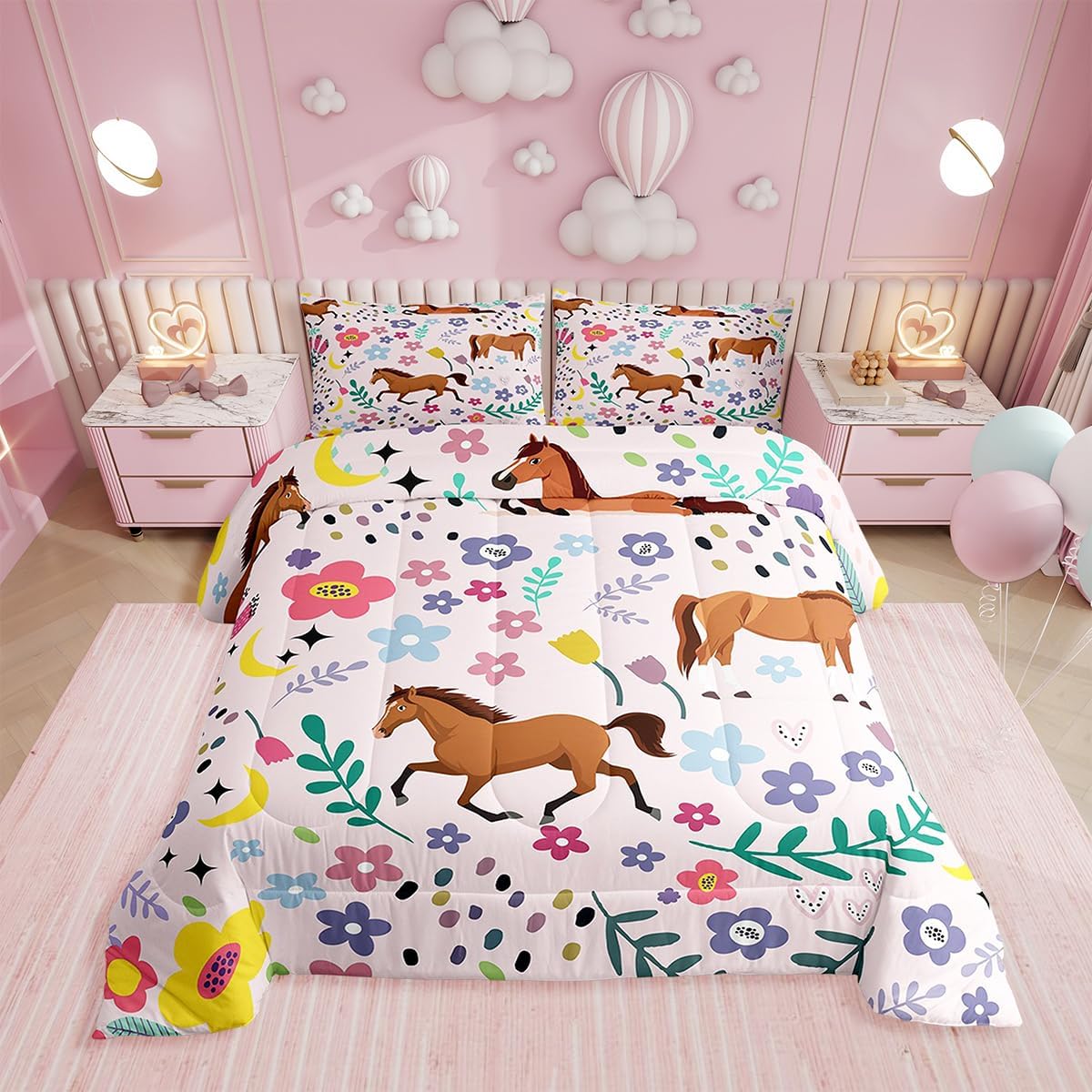 Erosebridal Floral Dog Comforter for Boys Girls Queen Pink Dog Bedding Set Cartoon Animal Comforter Sets,Cute Botanical Golden Retriever Puppy Bed Sets with 2 Pillowcases Soft