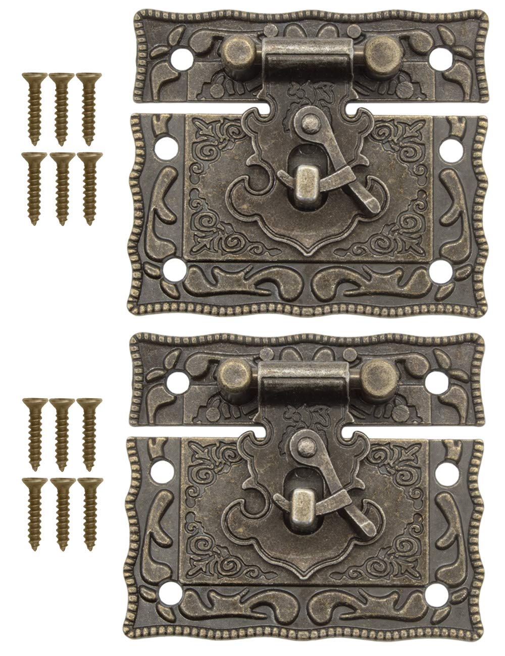 FUXXER®, 2 Serrature anticate, chiusura a gancio, design in bronzo, serrrature per cassette scorrevoli, 50 x 42 mm, con viti, 2 set