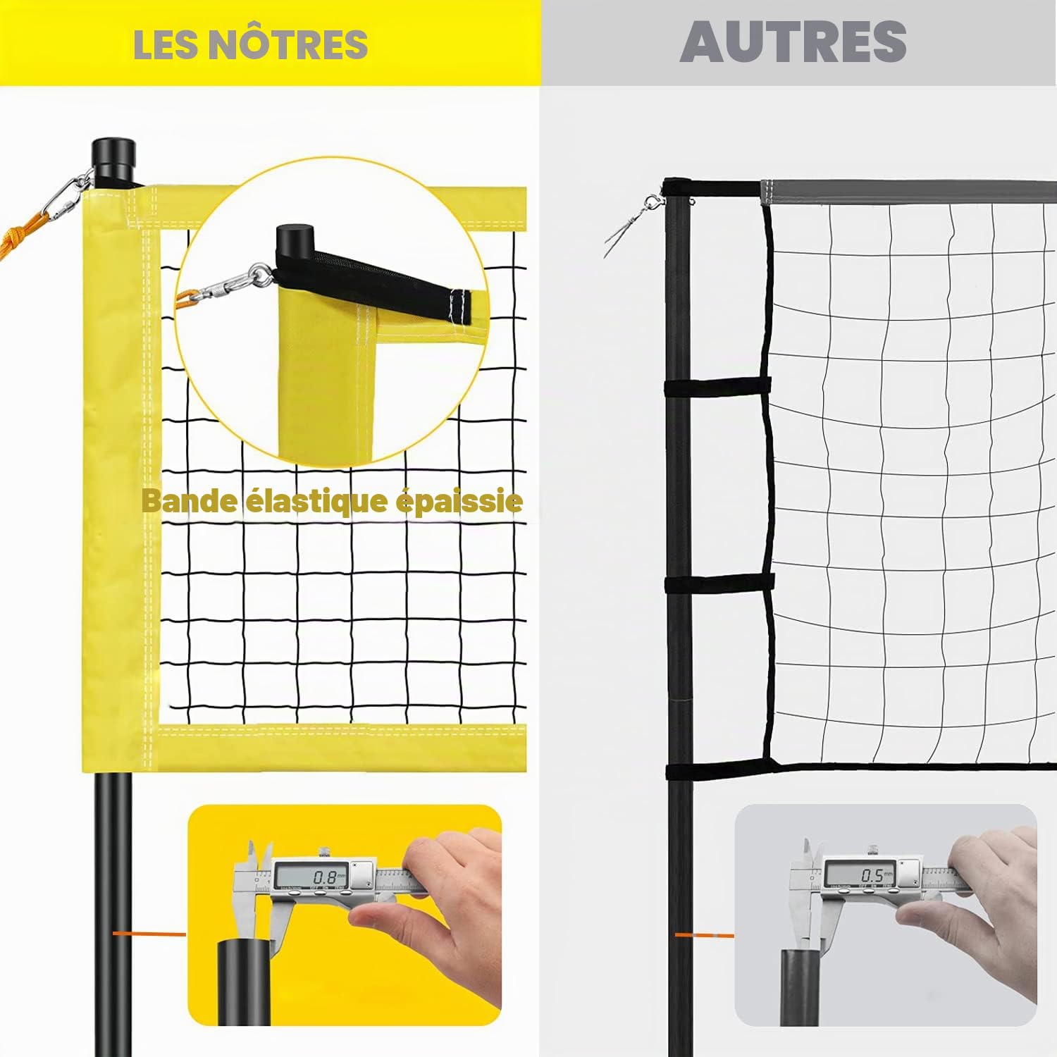 Ensemble de Filet de Volleyball 9.5m x 1m avec Poteau en Acier, Hauteur réglable