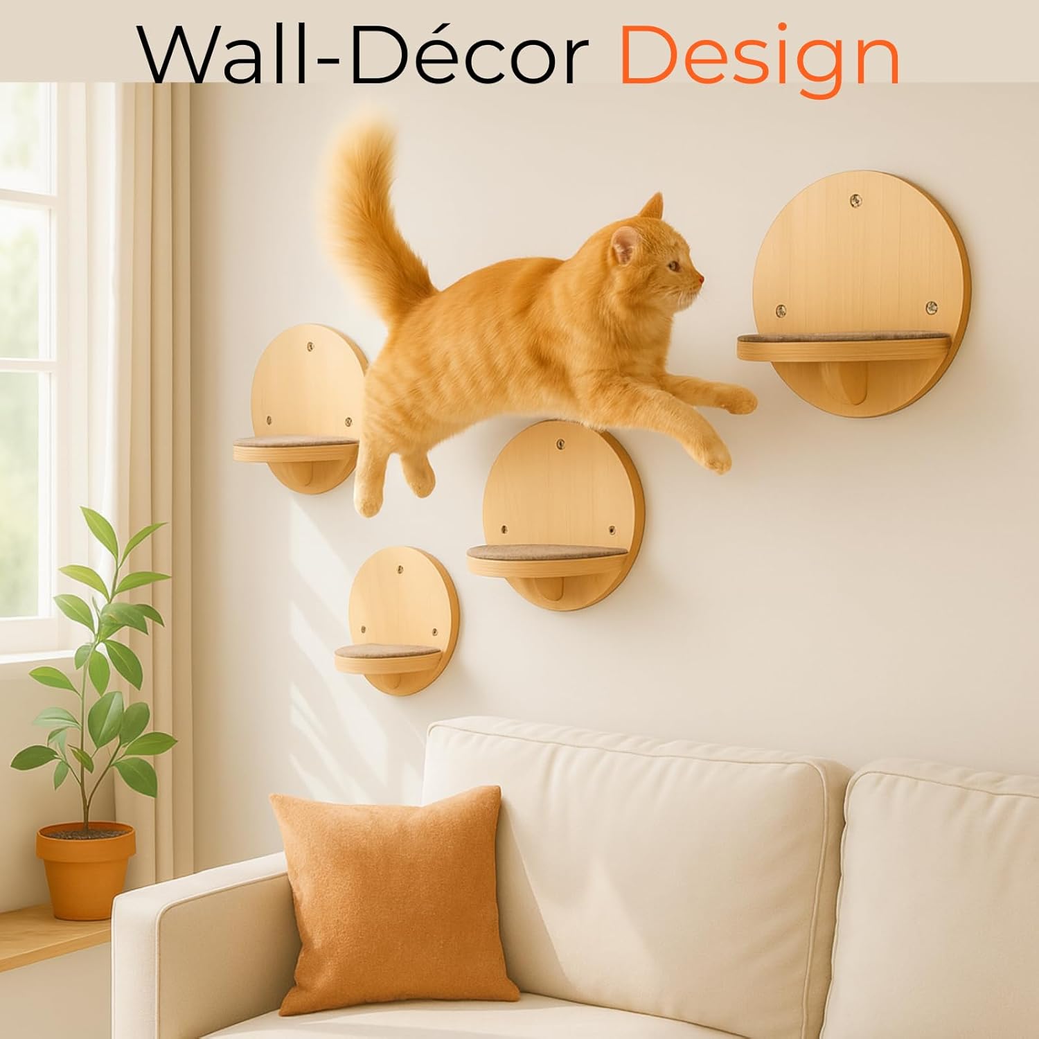 Cat Wall Shelves - Round Floating Cat Wall Steps with Scratch Pads, up to 20Lbs. Saving-Space Decorative Wall-Mounted Cat Furniture for Climbing, Playing & Resting - Solid Natural Wood by INSTINTO