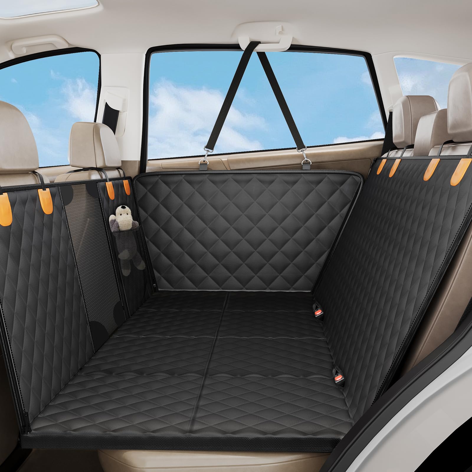 Smatto Dog Car Seat Cover for Back Seat, Hard Bottom Back Seat Extender Supports 400lbs, Waterproof Rear Seat Pet Cover, Dog Hammock with Mesh Window for Car SUV and Trucks