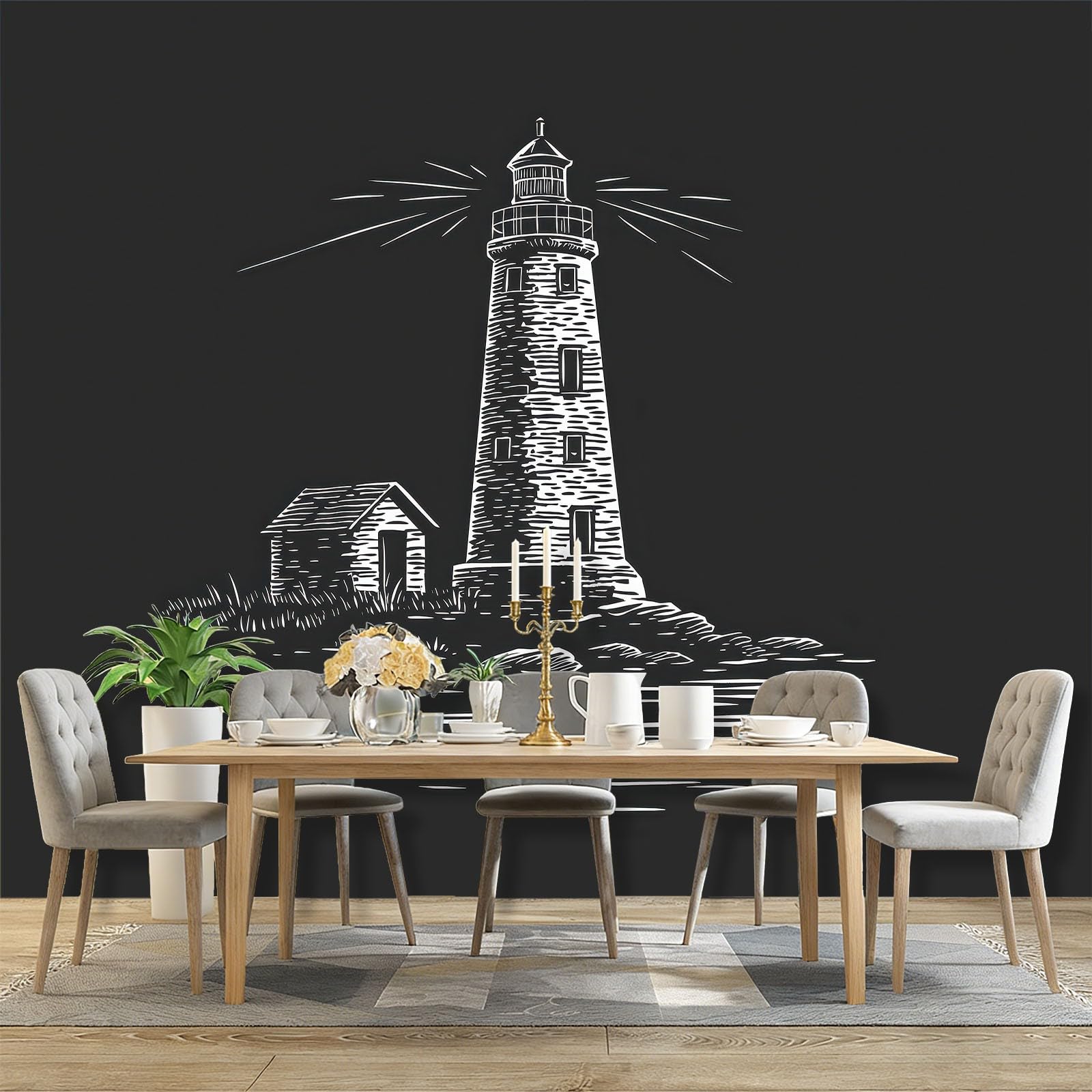 Fototapeta Malarstwo atramentowe domek latarnia morska fotografia ścienna do sypialni pokoju dziecięcego, 300 x 210 cm tapeta artystyczna, czarna