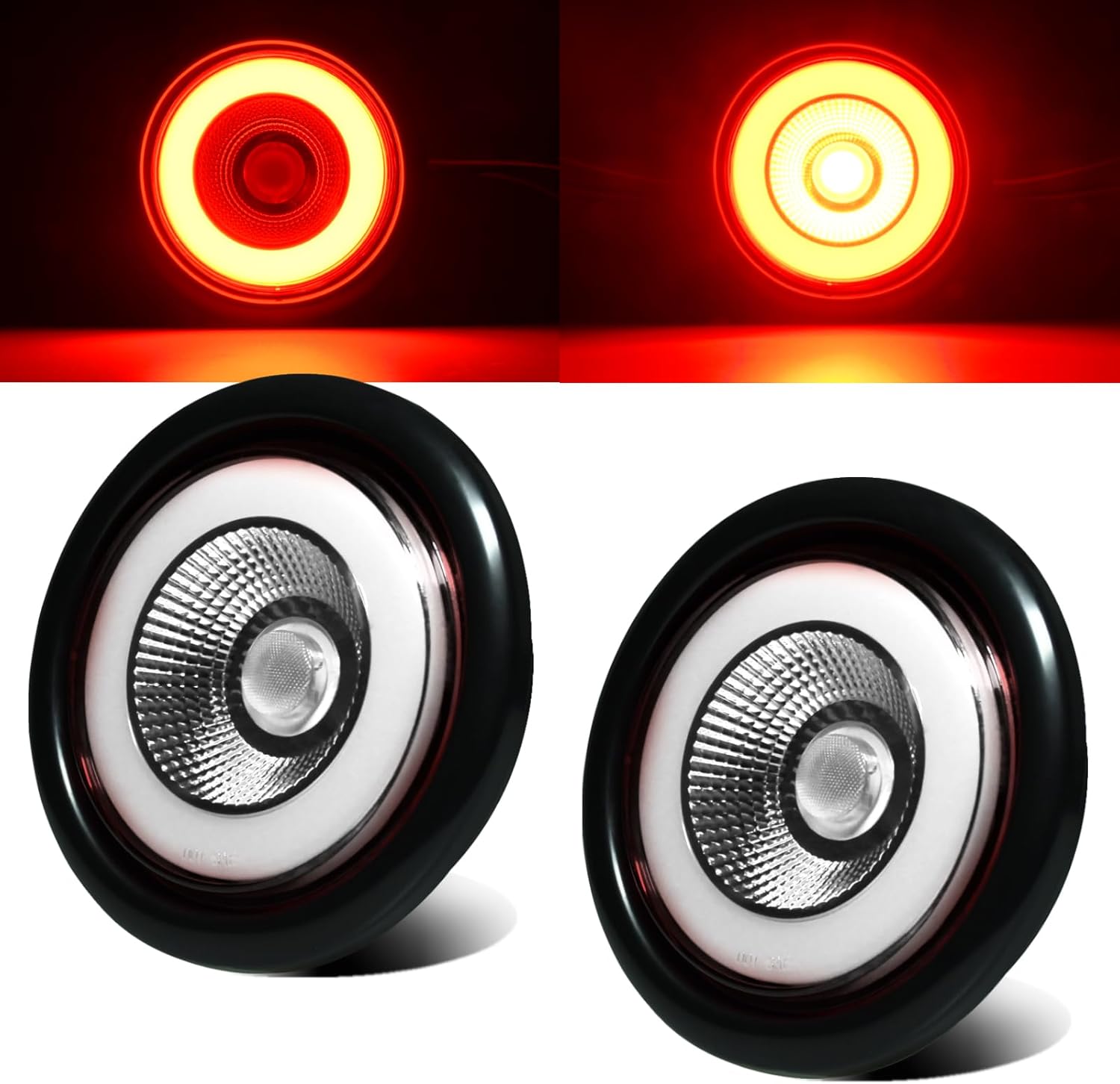 2pcs Clear Lens 4" Red LED Halo Brake/Stop/Running/Turn Signal Tail Trailer Light, Waterproof IP67, 32 LEDs, Rubber Grommet, Recessed Flush Mount, DC 12V, for RV/Van(Clear Lens_Red LED)