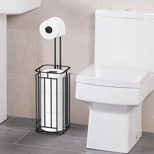 Miniatura 5 de CANYAVE Soporte de papel higiénico negro, soporte de almacenamiento de papel higiénico de pie para baño, soporte de rollo de papel higié