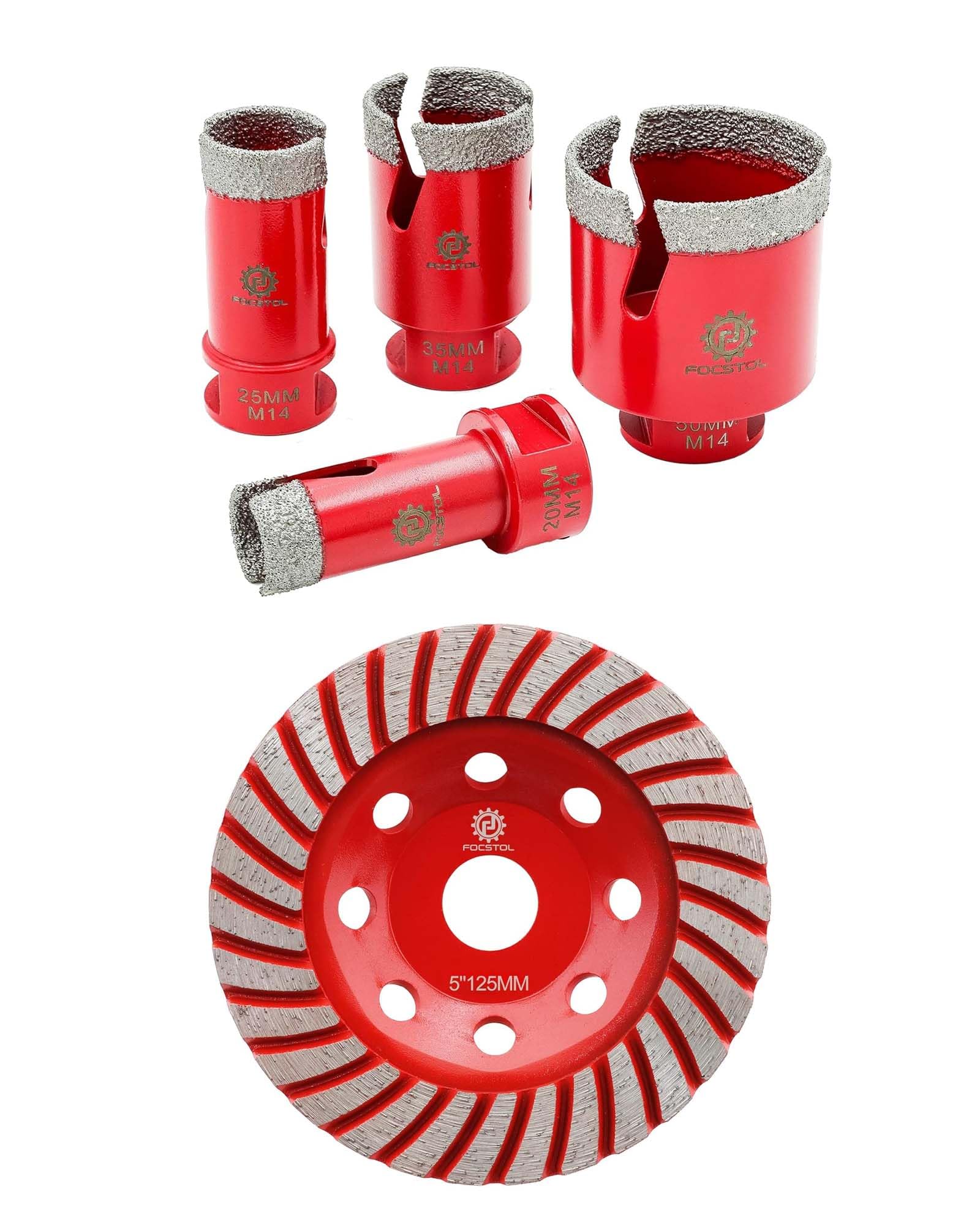 FOCSTOL Meule Diamantée 125mm x 22,23mm Turbo Rangée Disque Diamant et Foret Diamant Kit Trepan Carrelage Scie Cloche Carrelage Kit