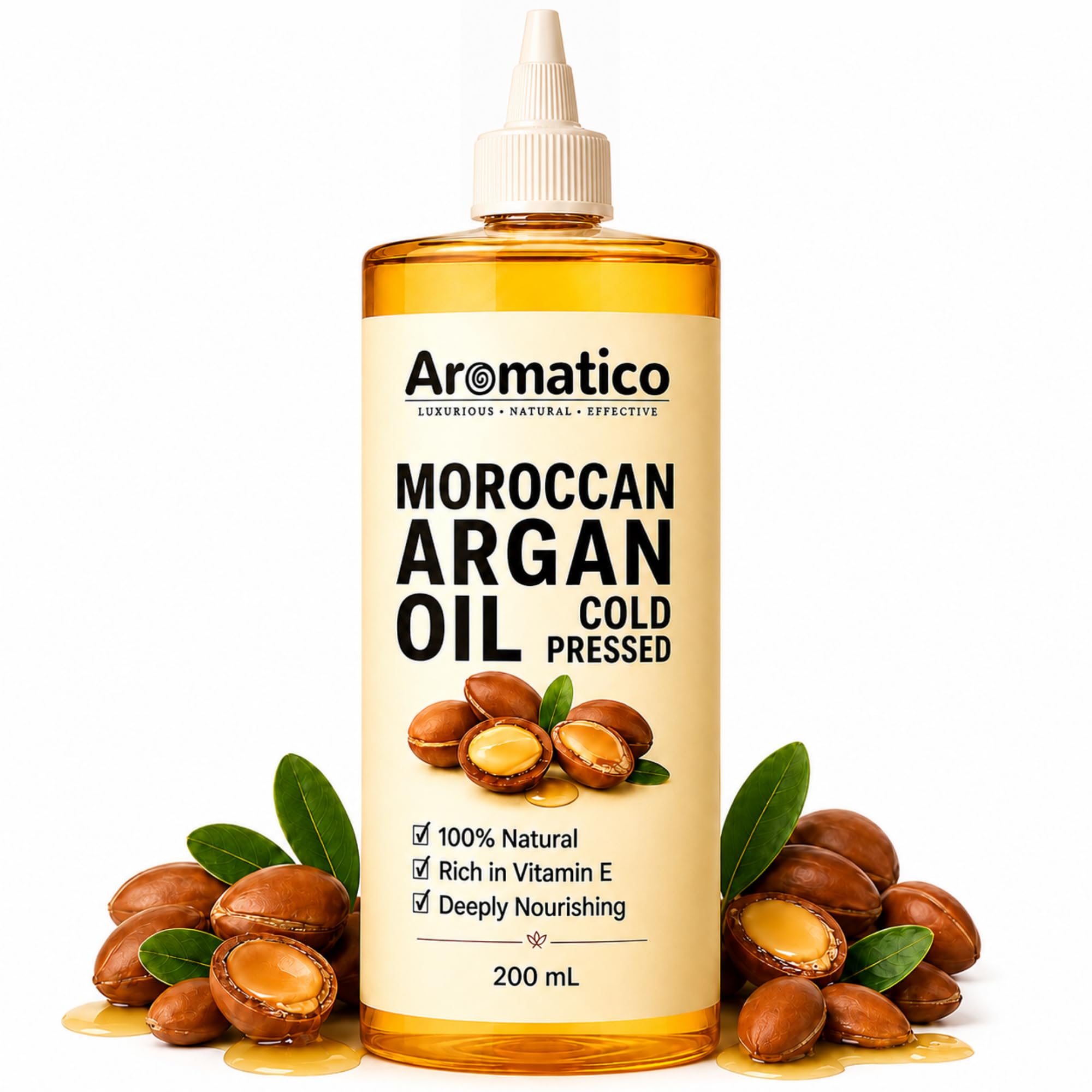AROMATICO Argan Oil for Dry Frizzy Hair & Hair Smoothening, 200ml | Cold Pressed · For Dry & Coarse Hair · Rich in Omega 3 & Vitamin E · Unisex, For Men & Women · Lightweight & Non-Sticky