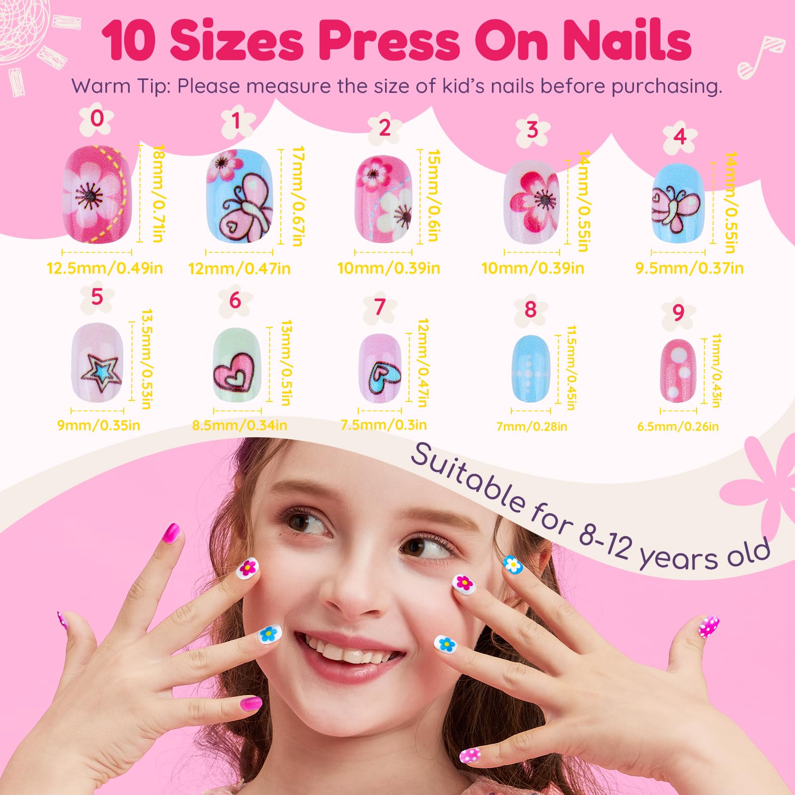 216 uñas postizas a presión para niñas, 9 colores, 12 tamaños, uñas postizas para niños, uñas postizas para niñas, uñas acrílicas cortas con pestañas adhesivas para uñas, lima de uñas 2