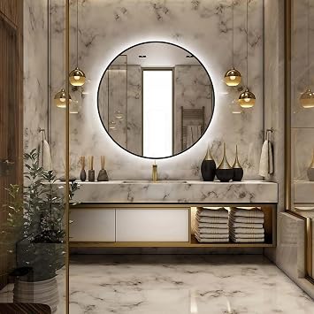 32 LED Backlit Bathroom Vanity Mirror, Wall Mounted Round Makeup Shaving Mirror with 45 Beveled Metal Frame Design, HD Waterproof&Explosion-Proof Smart Mirror, Memory Function, Black