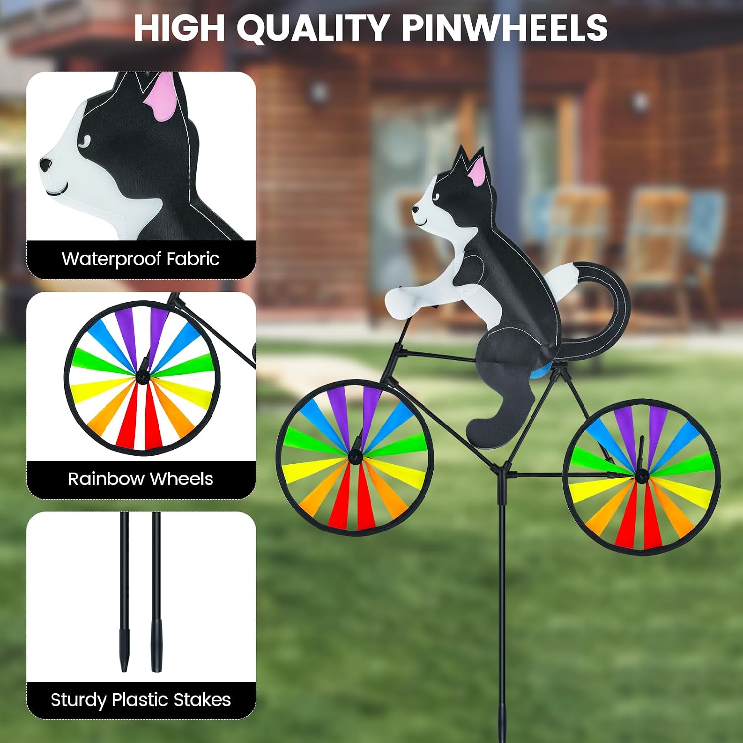 3 Pack Animal Bike Wind Spinners, Dog and Cat Pinwheels Colorful Windmill with Stakes, Wind Spinner for Yard Garden Lawn (Dog Cat Bee)