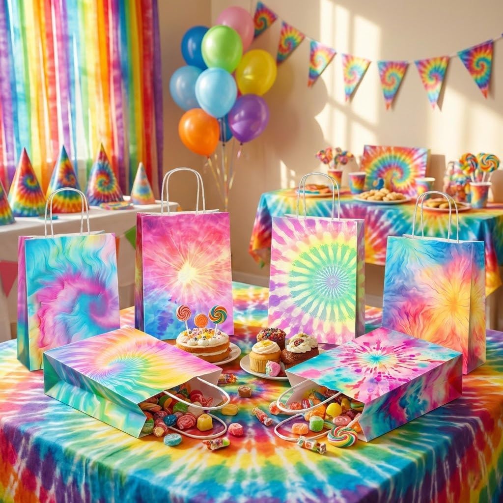 JOYGATHER 24 Pcs Tie Dye Party Favors Bags with Handles, Colorful Rainbow Goodie Gift Candy Kraft Paper Bags with 6 Different Types for Kids Adult Birthday Baby Shower Party Supplies Decorations - Image 4