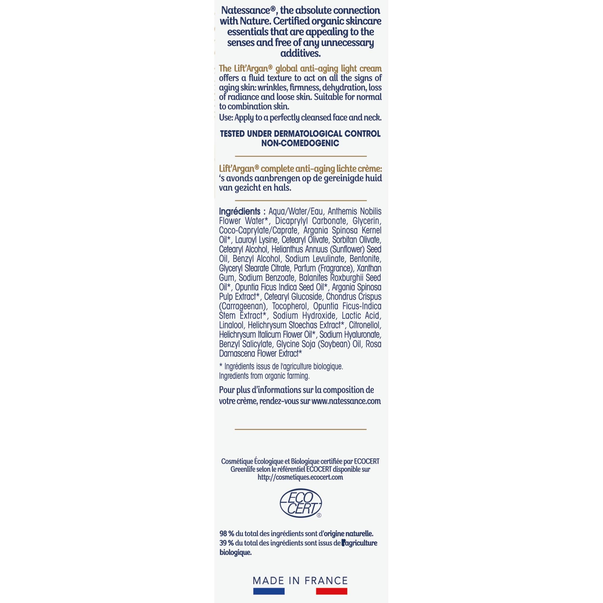 Natessance | Crème Légère Anti-Âge Global – Lift’Argan | Action complète sur les signes du vieillissement cutané : rides, fermeté, sécheresse | Peaux normales à mixtes | 98% d’origine naturelle|50 ml
