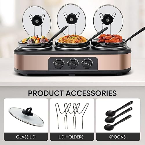 Miniatura 3 de Olla de cocción lenta, triple olla de cocción lenta, calentador de alimentos de 3 ollas, calentador de alimentos ovalado de 3 secciones de 1.5