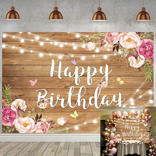 Miniatura 10 de Telón de fondo de mariposa de feliz cumpleaños para fotografía, fondo de madera, flores con purpurina para mujeres, niñas, recién nacidos, baby