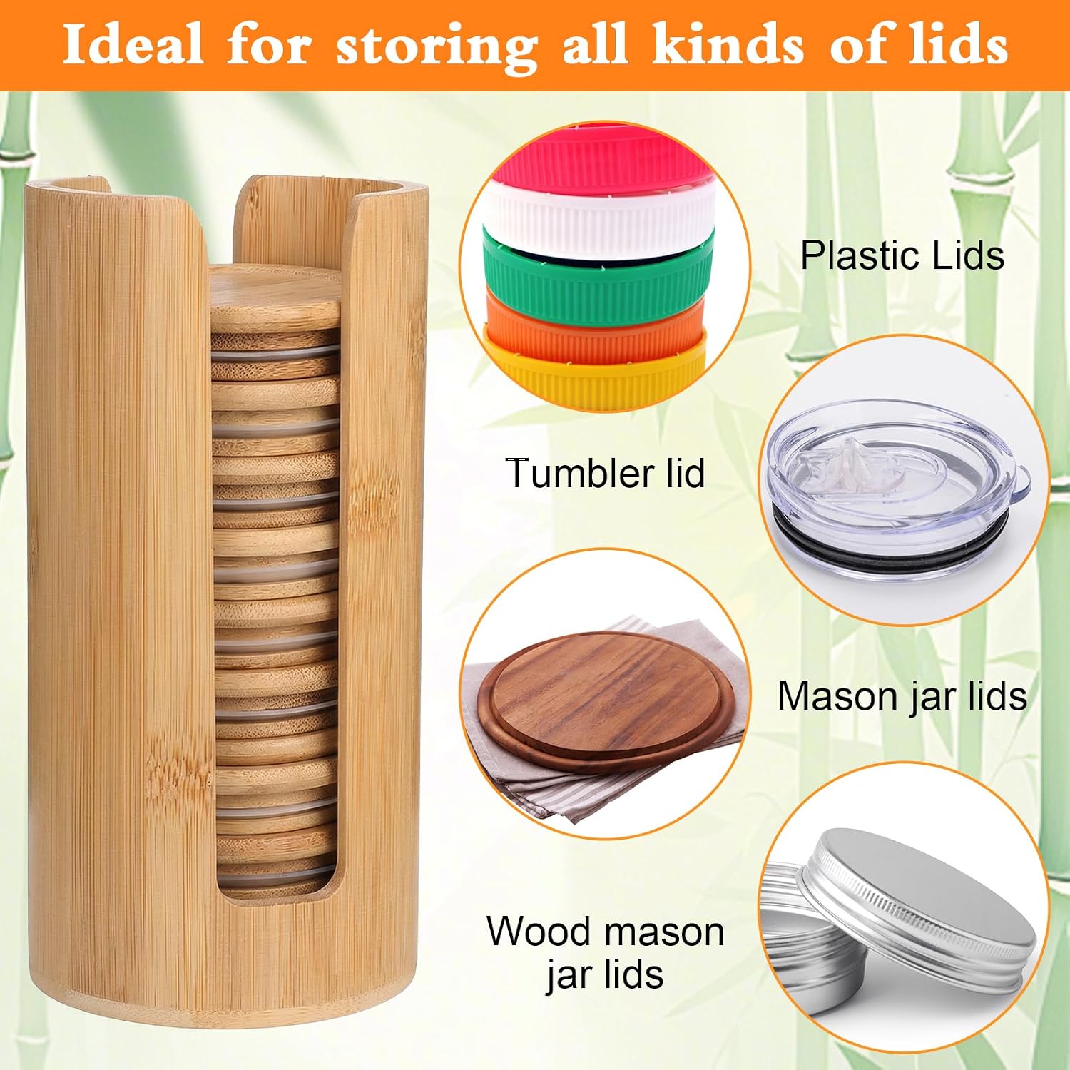 2 Pack Mason Jar Lid Organizer, Bamboo Vertical Storage Holder for Wide Mouth & Regular Mouth Lids, Large Capacity Kitchen Countertop Cupboard Accessories