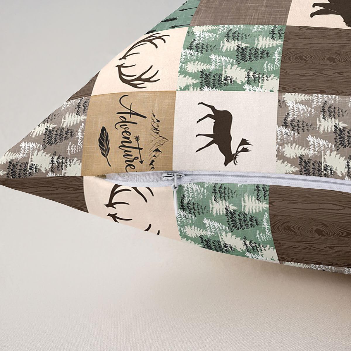 Rustic Patchwork Throw Pillow Covers 20x20 Pack of 4, Bear Moose Decorative Square Pillow Cases for Sofa, Farmhouse Hunting Deer Pillow Covers, Boho Arrows Buffalo Plaid Cushion Covers, Brown Green