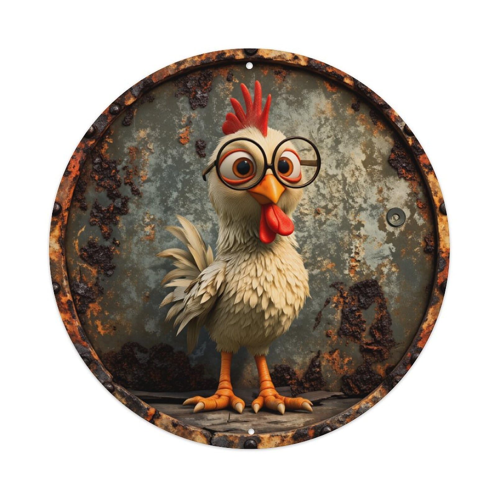 Chicken With Glasses On Rusty Background Round Tin Sign Retro Metal Sign for Cafe Bar Pub Home Game Room Gym Club Wall Decoration Vintage Metal Poster 8x8 Inch