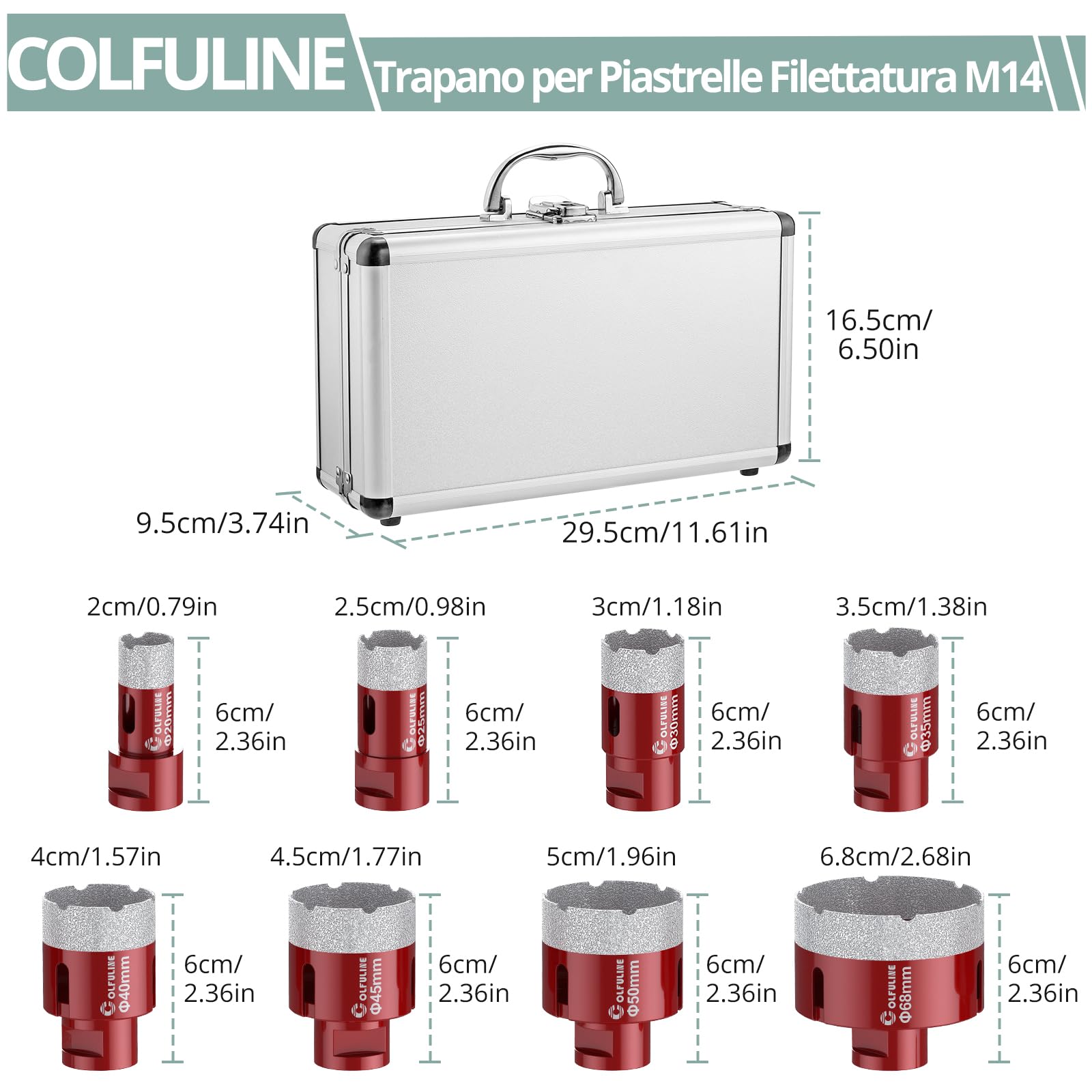 COLFULINE 8 Pezzi M14 Set di Punte Diamantate per Trapano con 20/25/30/35/40/45/50/68mm per Vetro Piastrelle Granito Porcellana Ceramica