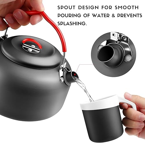 Miniatura 5 de Alocs Tetera de 1.4 L, cafetera portátil para acampar, hervidor de aluminio anodizado duro, hervidor de té compacto para estufa, al aire libre,