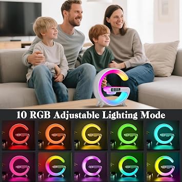 Wireless Charger Lamp, Alarm Clock with 15W Wireless Charging, G Shaped Atmosphere Lamp, Smart Table Lamp, Bluetooth Speaker 10 Modes Led Lights, Bedside Light Gifts for Teens Kids Boys Girls Bedroom [Energy Class G]