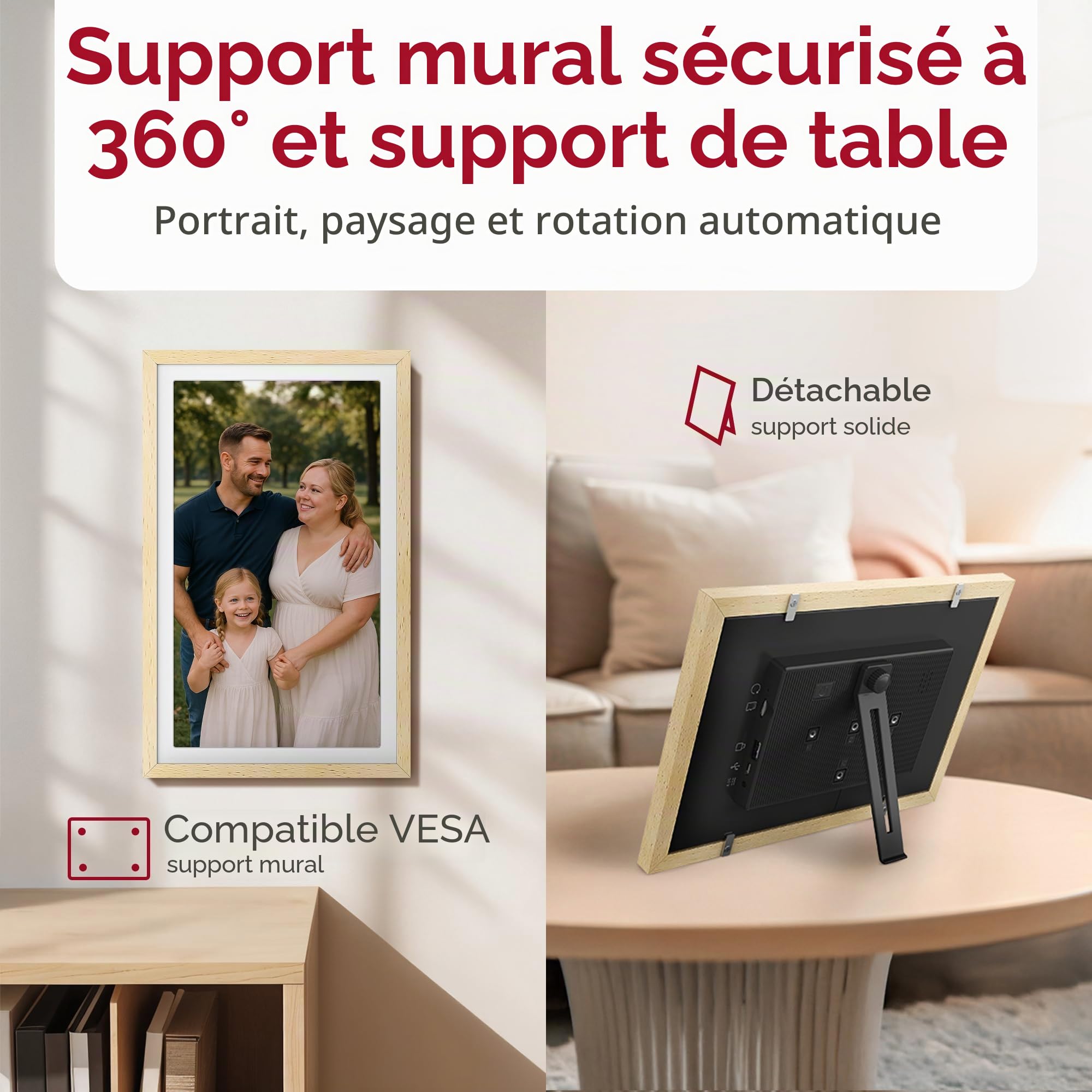 XORO Cadre Photo numérique WiFi de 15 ", 1920 x 1080 Full HD 1080p IPS, mémoire 32 Go, Rotation Automatique, Bois de hêtre, partagez instantanément des Photos de n'importe où