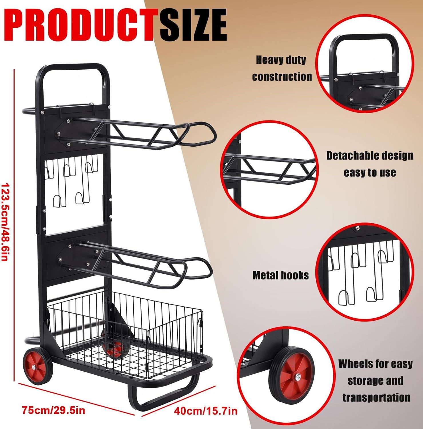 Rolling Saddle Rack Cart with Basket - 3-Tier Removable Heavy Duty Saddle Rack, Horse Saddle Tack Cart with Wheels, Organizers and Storage for Tack Room, Bridle, Horse Lovers, Cowboy H48.6xW15.7xD29.5