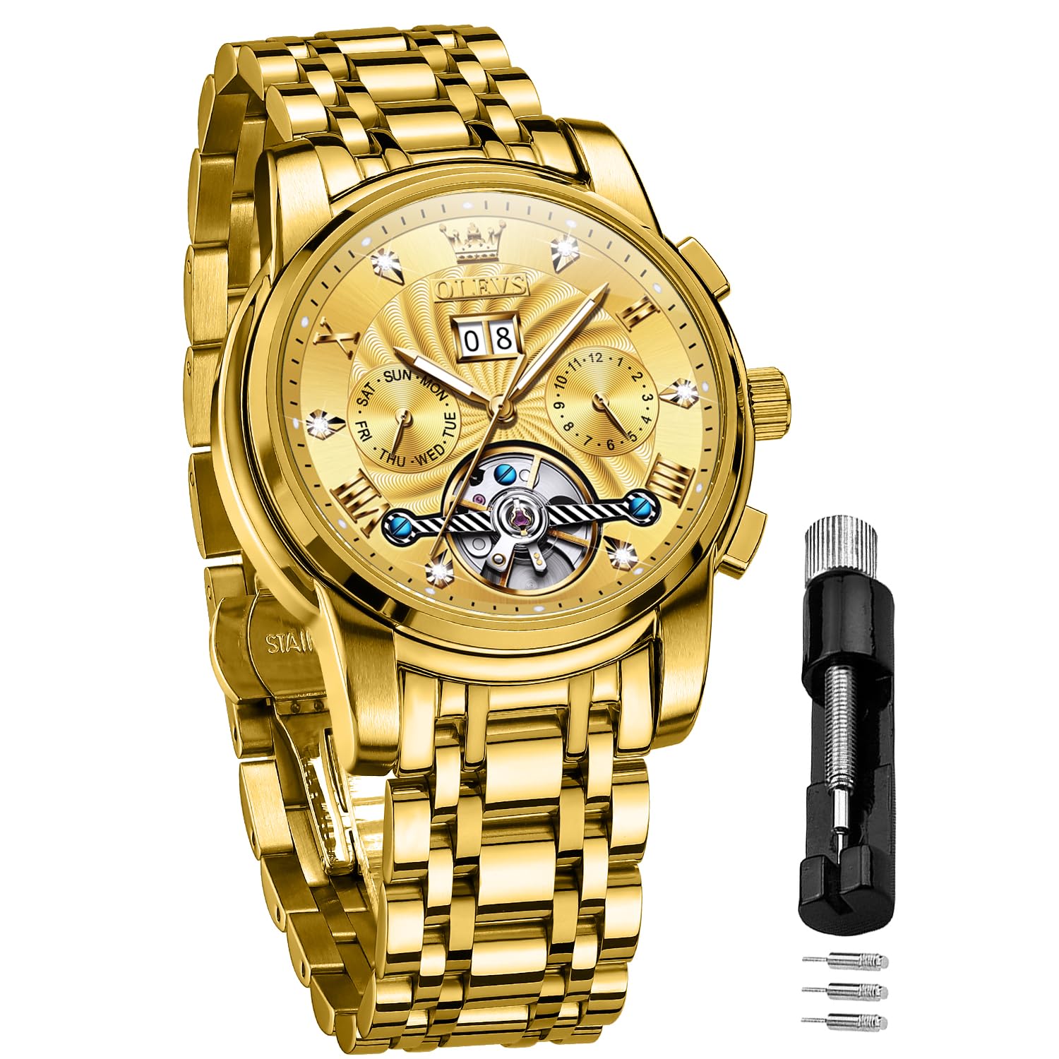 OLEVS Mens Watch Automatic Mechanical Tourbillon Self Winding Luxury Stainless Steel Waterproof Luminous Date Wrist Watch