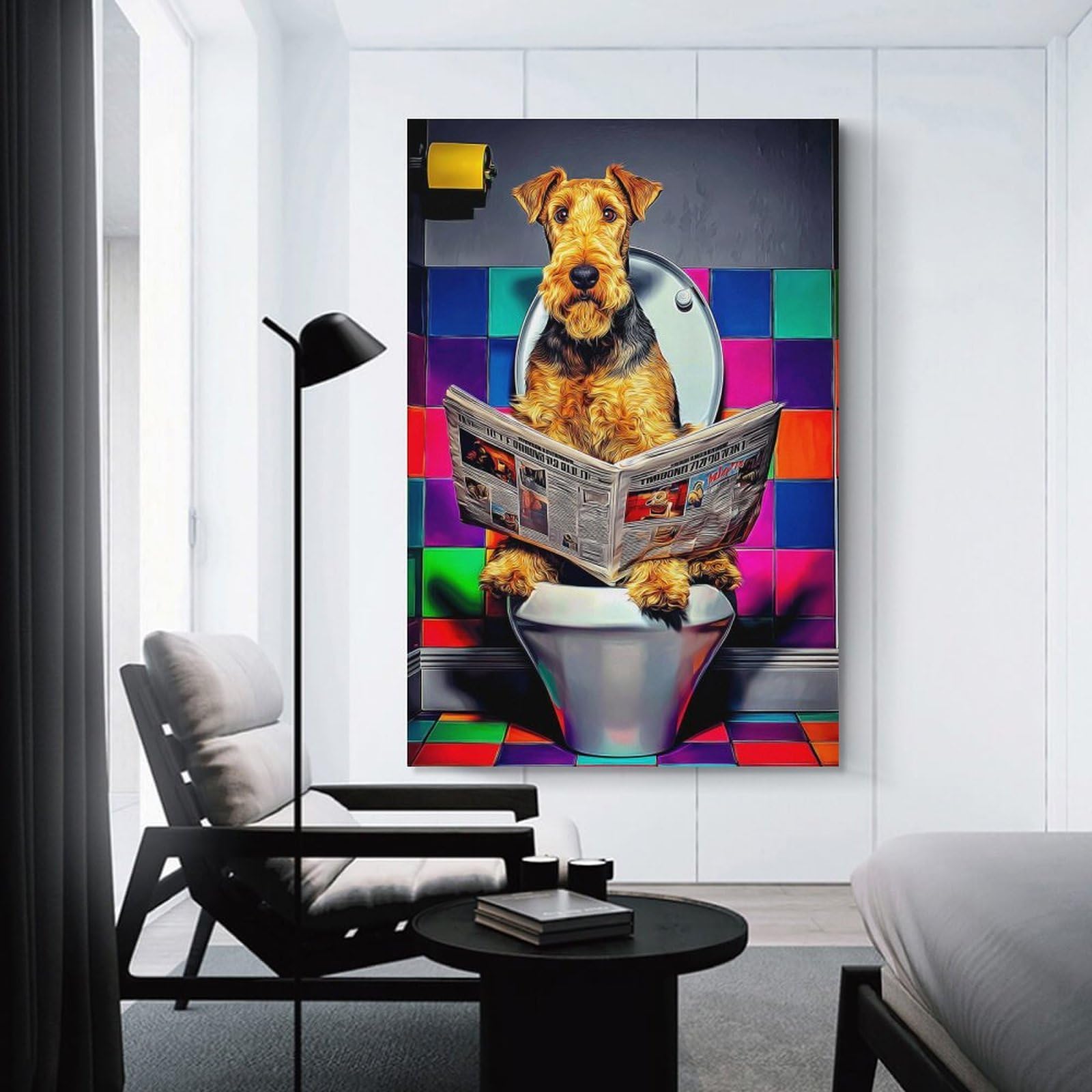 Junmoney Unframe-Dog Reading Newspaper In Toilet Dog Reading Newspaper In Toilet Canvas Wall Decor 24X36inch(60X90cm), For Study, Office Or Focused Interiors, Wall Art That Adds Style To Work Areas