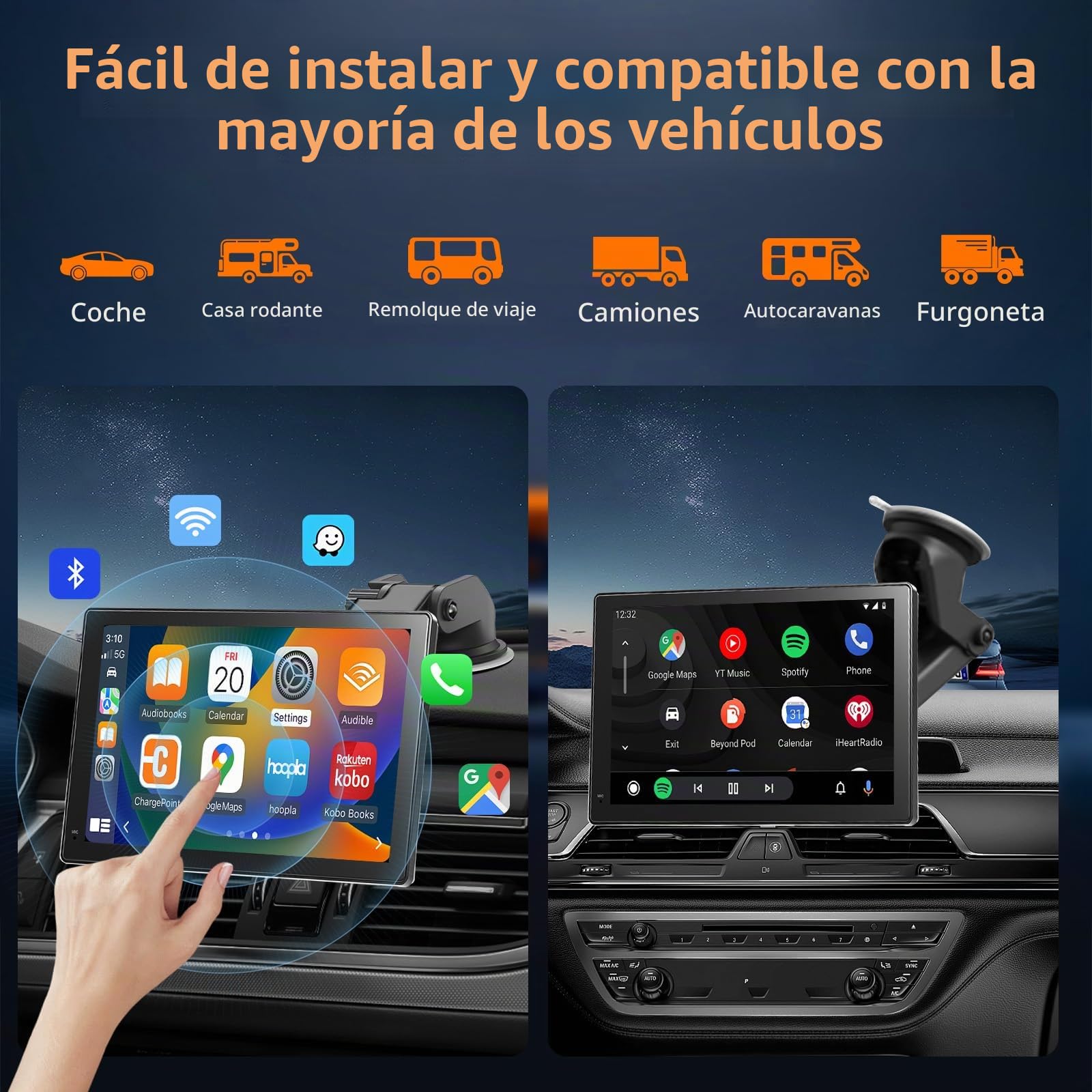 7 Pulgadas Pantalla Coche de Carplay Android Auto Inalambrico,Pantalla Táctil Portátil Radio Coche,Bluetooth,Mirror Link,Control por Voz,Navegación GPS,FM Transmisor,AUX,Airplay