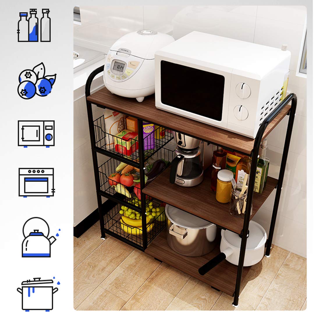 ZYFA Carrello Cucina a 3 Piani Servizio,Scaffale Portaoggetti Mobile,Carrello Portaoggetti Multiuso, Salvaspazio Scaffale Rete Metallica Contenitori, in Legno Robusto Rotolamento,4 Ruote Girevoli