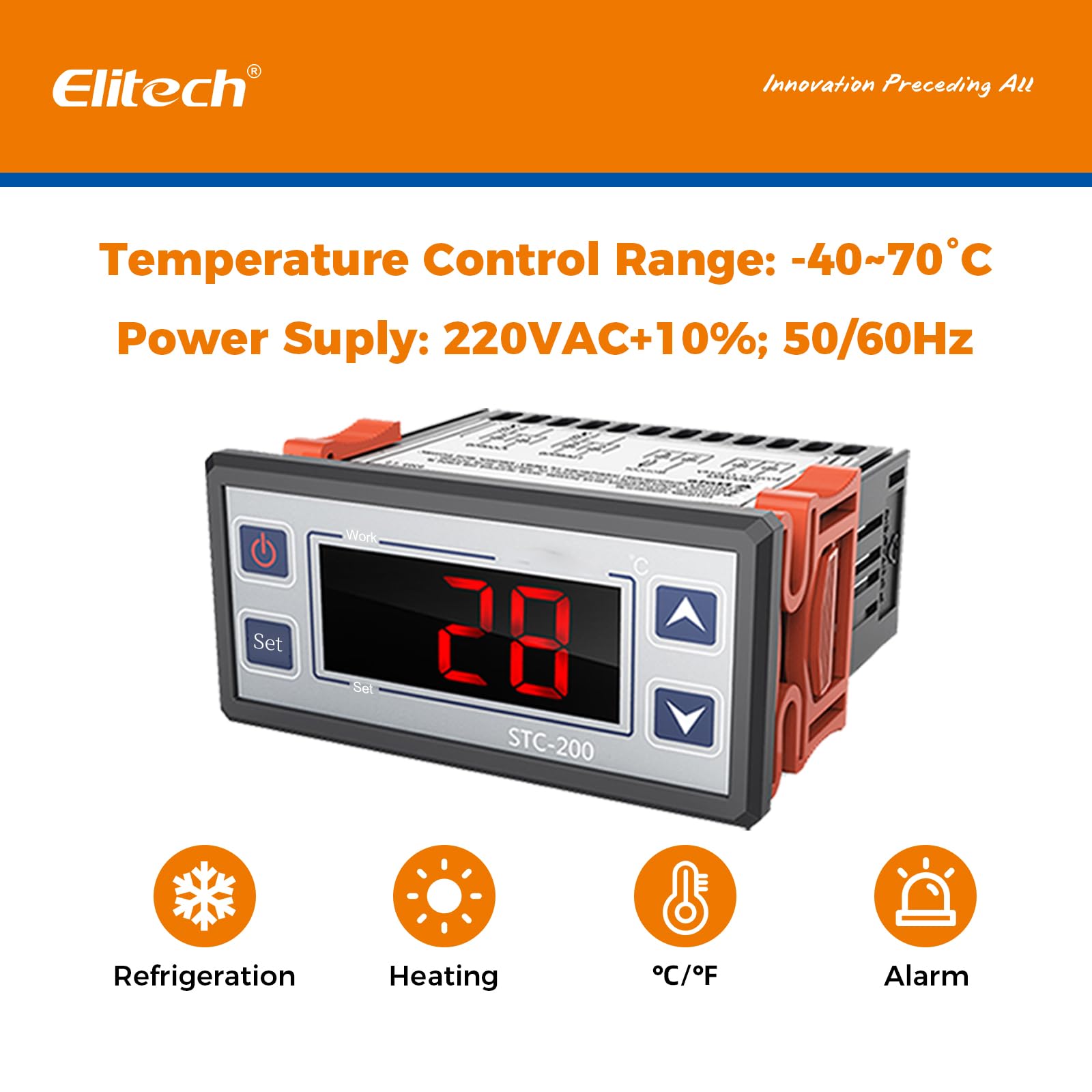Elitech STC-200+ Régulateur de température numérique avec mode refroidissement/chauffage/alarme, retard du compresseur et réglage de paramètres en 2 étapes, pour réfrigérateur, congélateur, aquarium