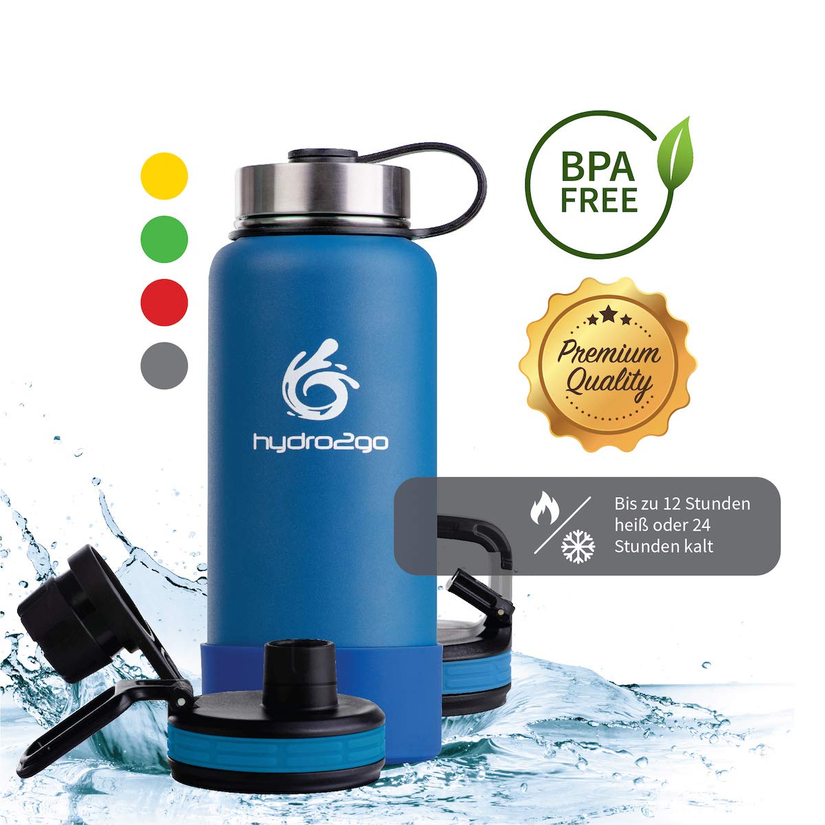 hydro2go ® Edelstahl Trinkflasche X-AlpsBottle - 1000ml / 1l | vakuumisolierte Thermosflasche + 3 Trinkverschlüsse | Auslaufsichere Isolierflasche | doppelwandige Outdoor Sportflasche | Thermoskanne