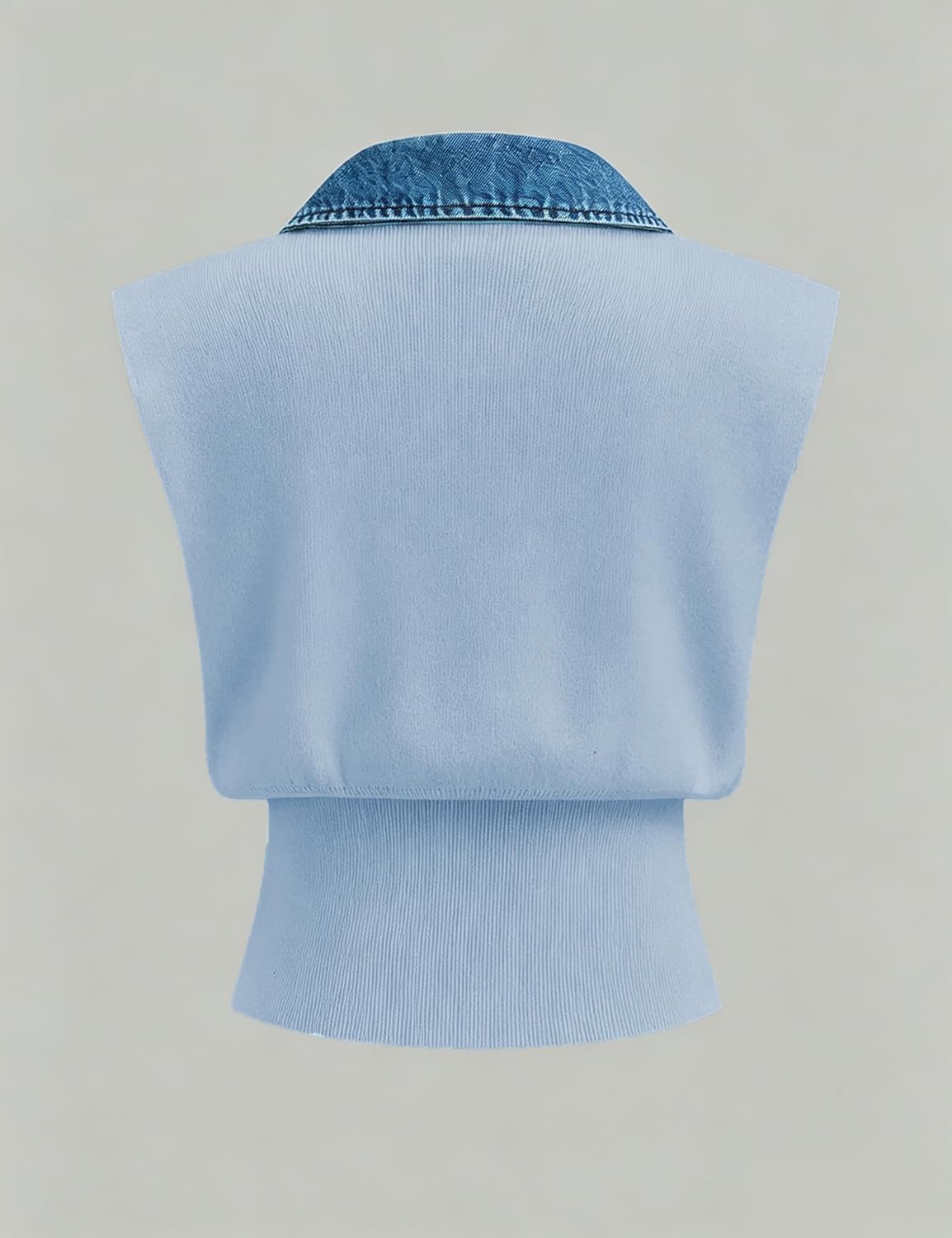 Womens Denim Trim Sweater Vest Sleeveless V Collar Crop Tank Top Knit Loose Pullover Outfit