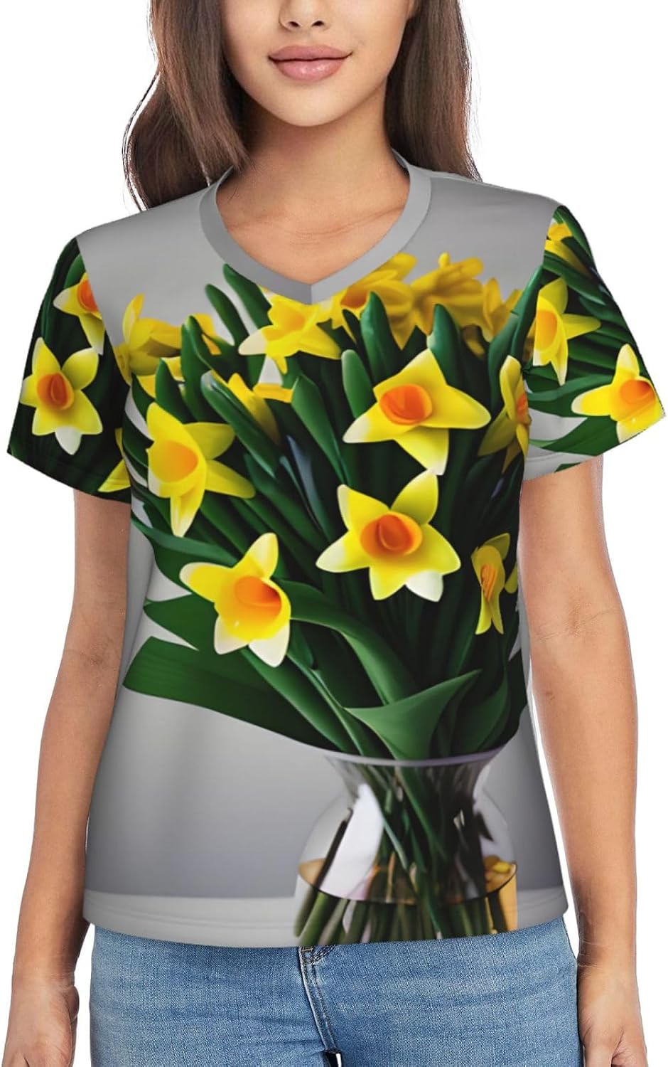 Women Casual Bouquet of Daffodils Print V-Neck T-Shirt Short Sleeve Summer Trendy Tops.