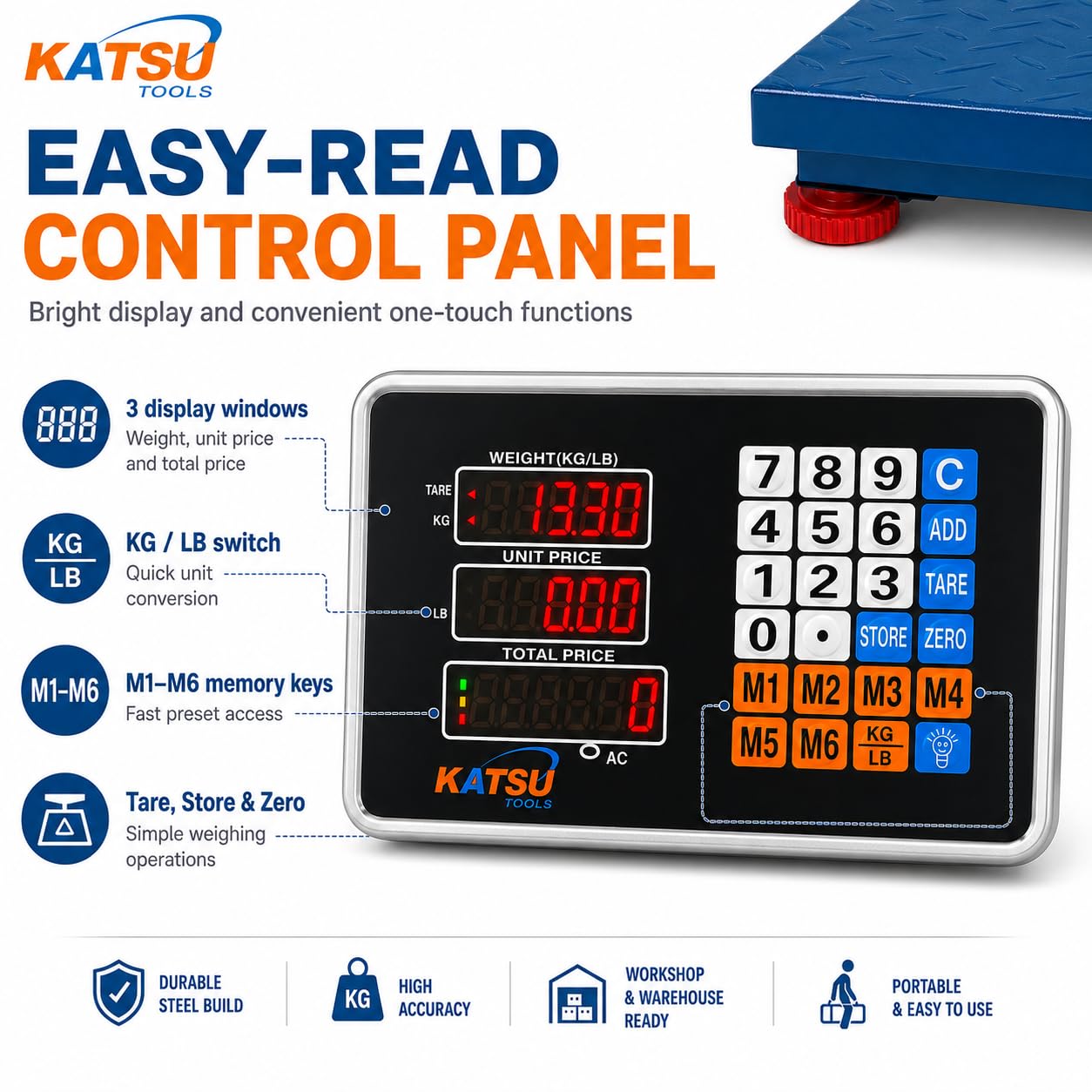 KATSU Balanza Industrial de Plataforma 100kg /10g Electrónica Recargable Báscula Postal Digital con LED Pantalla y 32x42cm Plataforma de Acero a Prueba de Herrumbre para Envío de Paquetes Almacén
