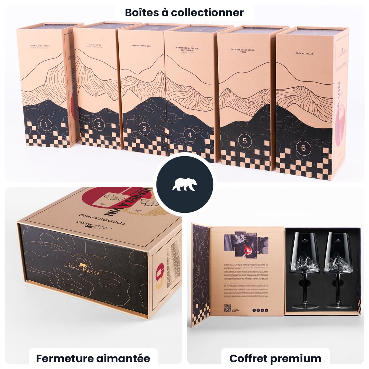 Alaskan MAKER | Estuche de 2 copas de vino 400 ml - Vidrio borosilicato soplado boca - Montaña en relieve 3D en la parte inferior | Estuche premium magnético | TOPOGRAPHIC (Tre Cime di Lavaredo