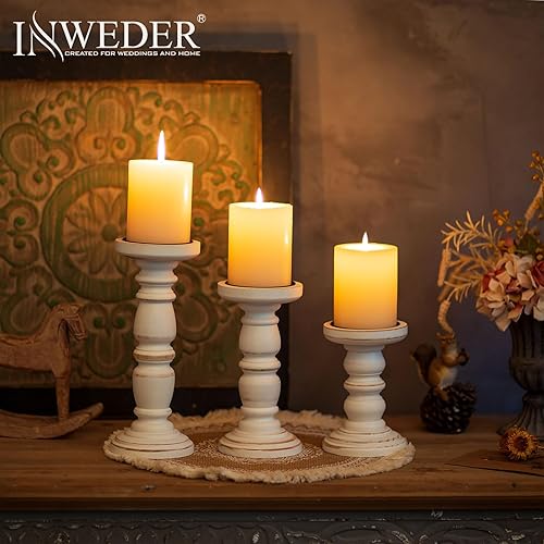 Miniatura 5 de Portavelas de madera para velas de pilar, portavelas sólido de granja (juego de 3), portavelas alto, portavelas rústico estable para decoración del